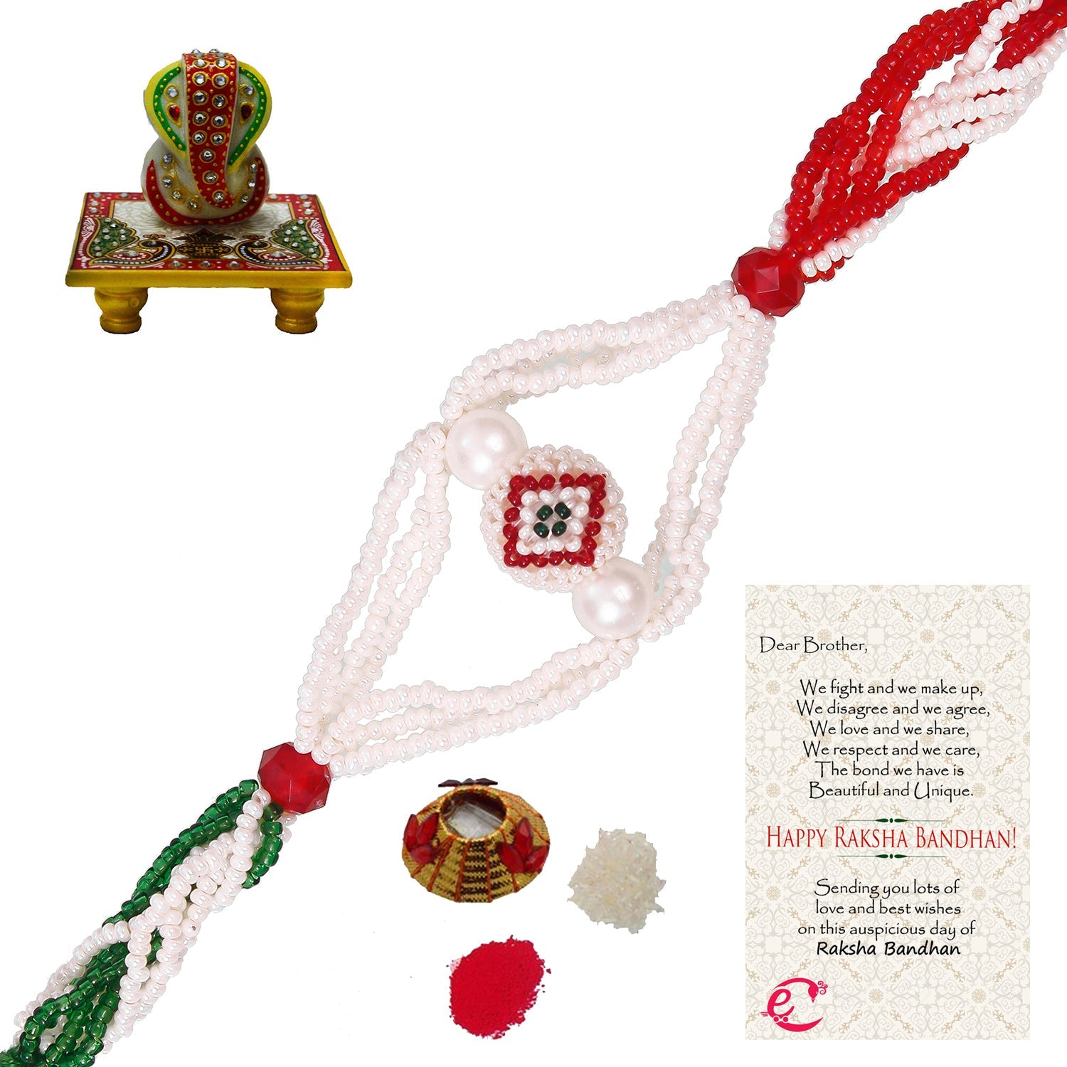 Designer Pearl Rakhi with Lord Ganesha on Marble Chowki and Roli Tikka Matki, Best Wishes Greeting Card Kafalo