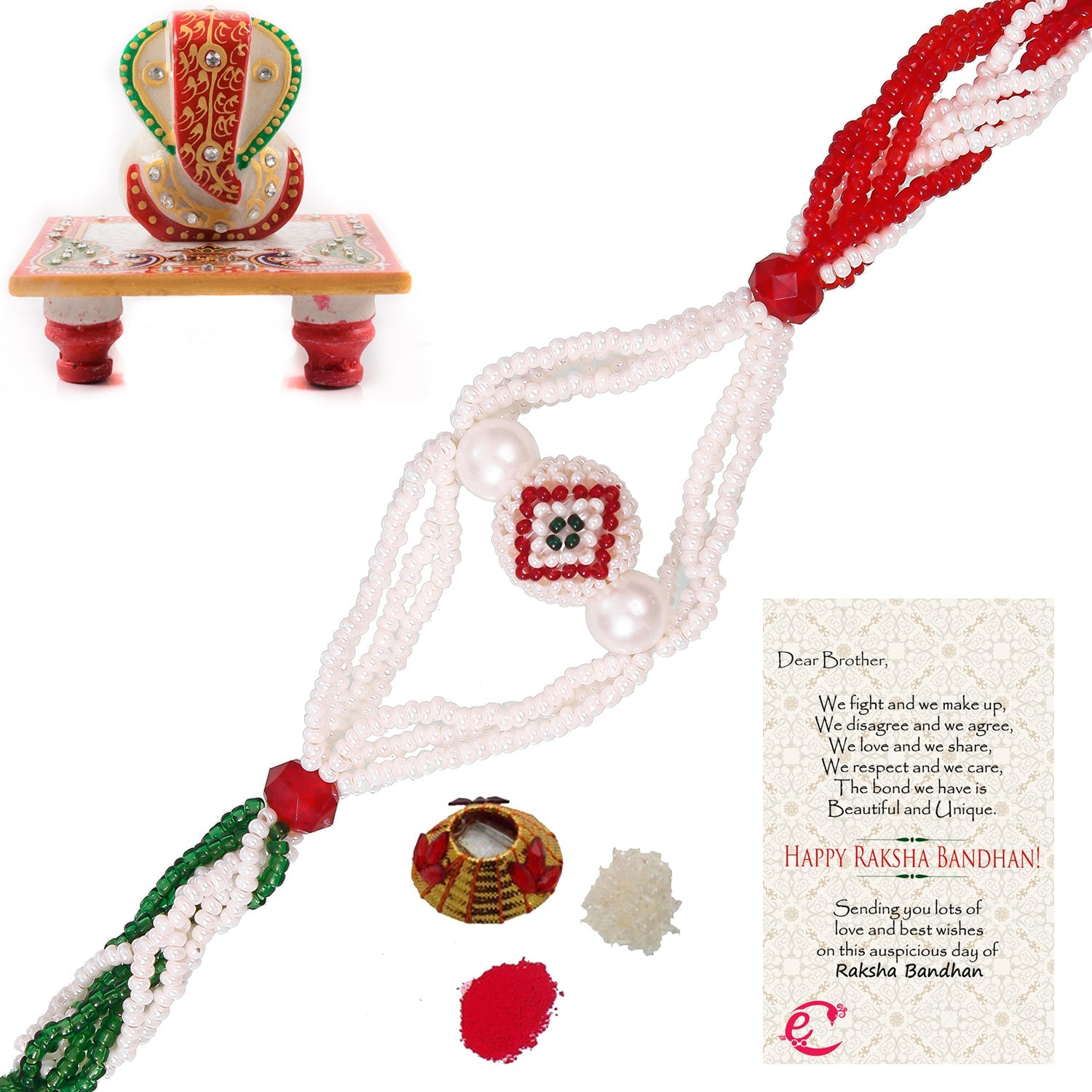 Designer Pearl Rakhi with Lord Ganesha Marble Chowki and Roli Tikka Matki, Best Wishes Greeting Card Kafalo