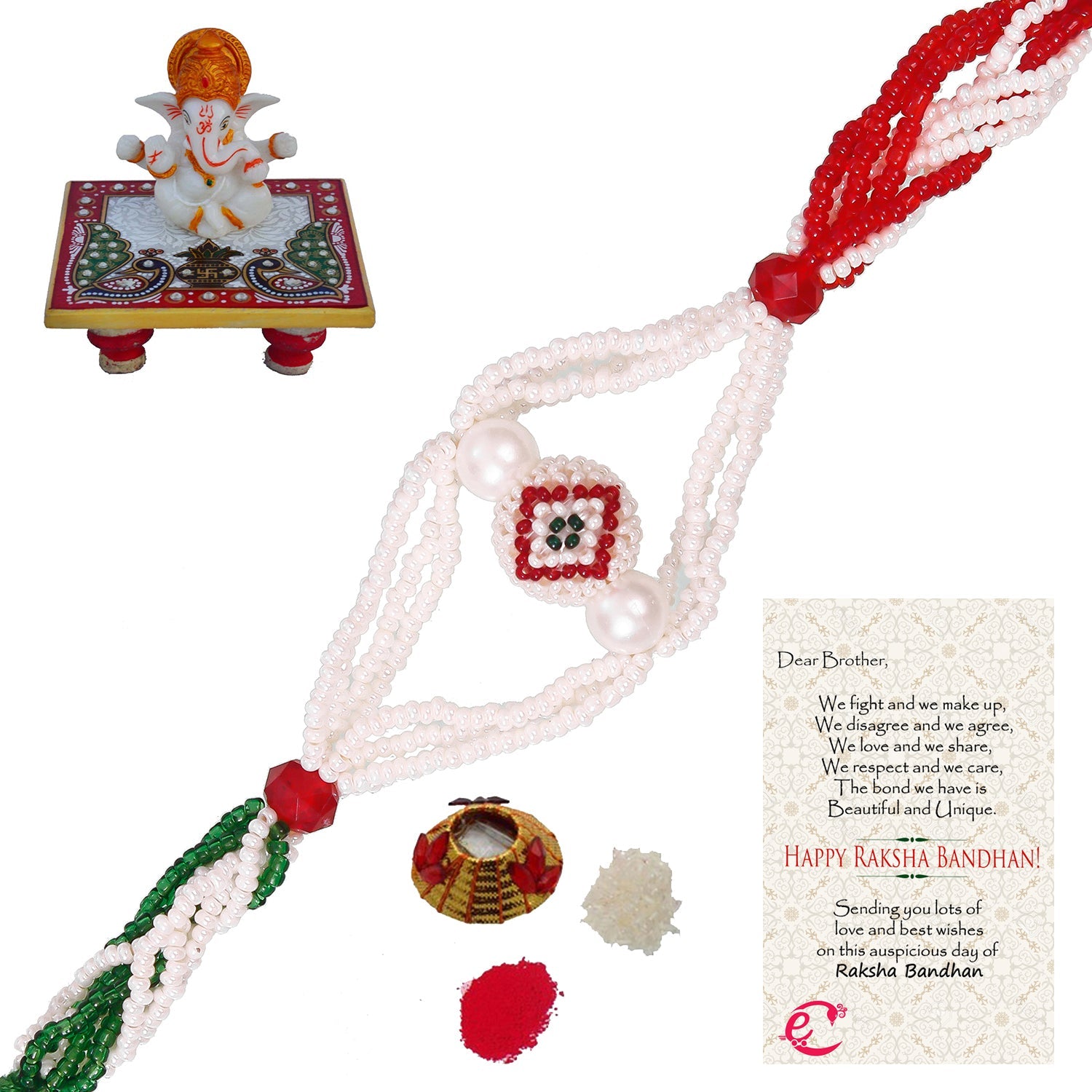 Designer Pearl Rakhi with Lord Ganesha Marble Chowki and Roli Tikka Matki, Best Wishes Greeting Card Kafalo