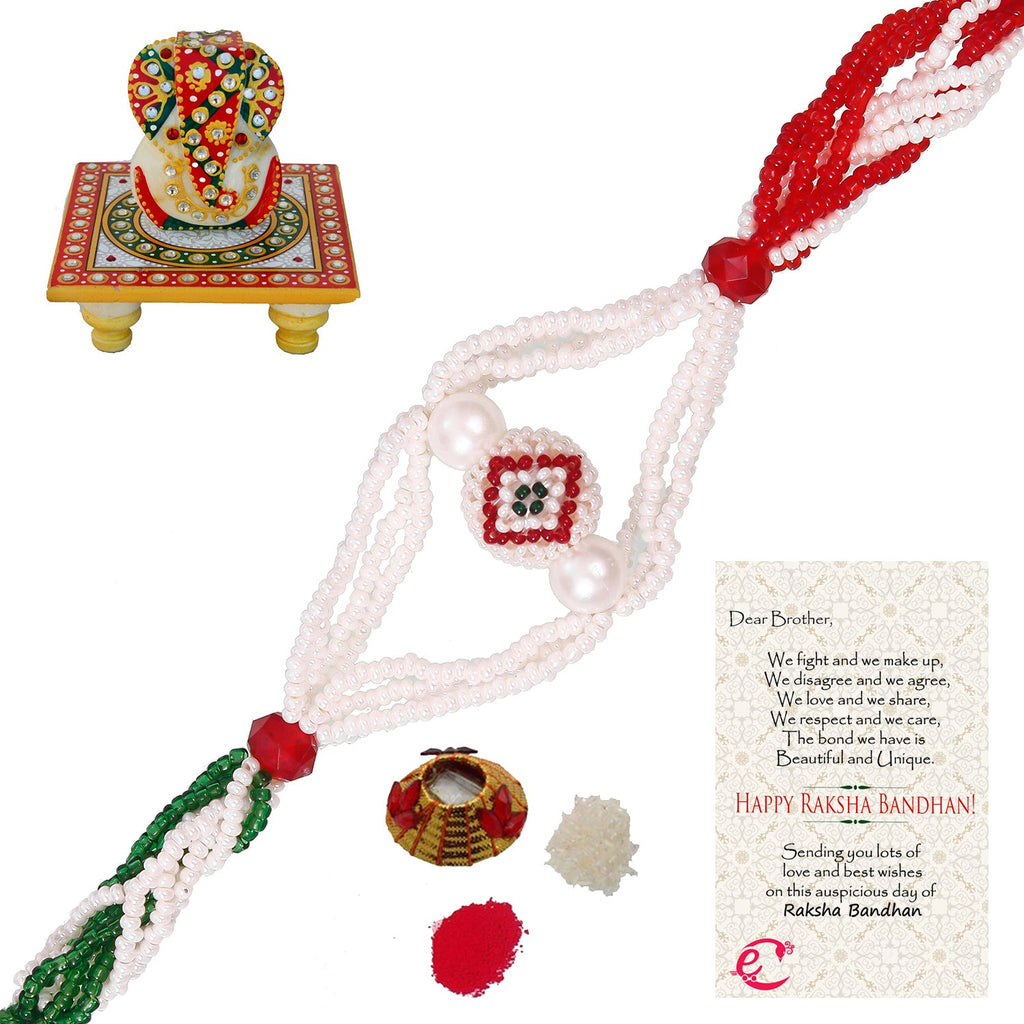 Designer Pearl Rakhi with Lord Ganesha on Kundan Studded Marble Chowki and Roli Tikka Matki, Best Wishes Greeting Card Kafalo