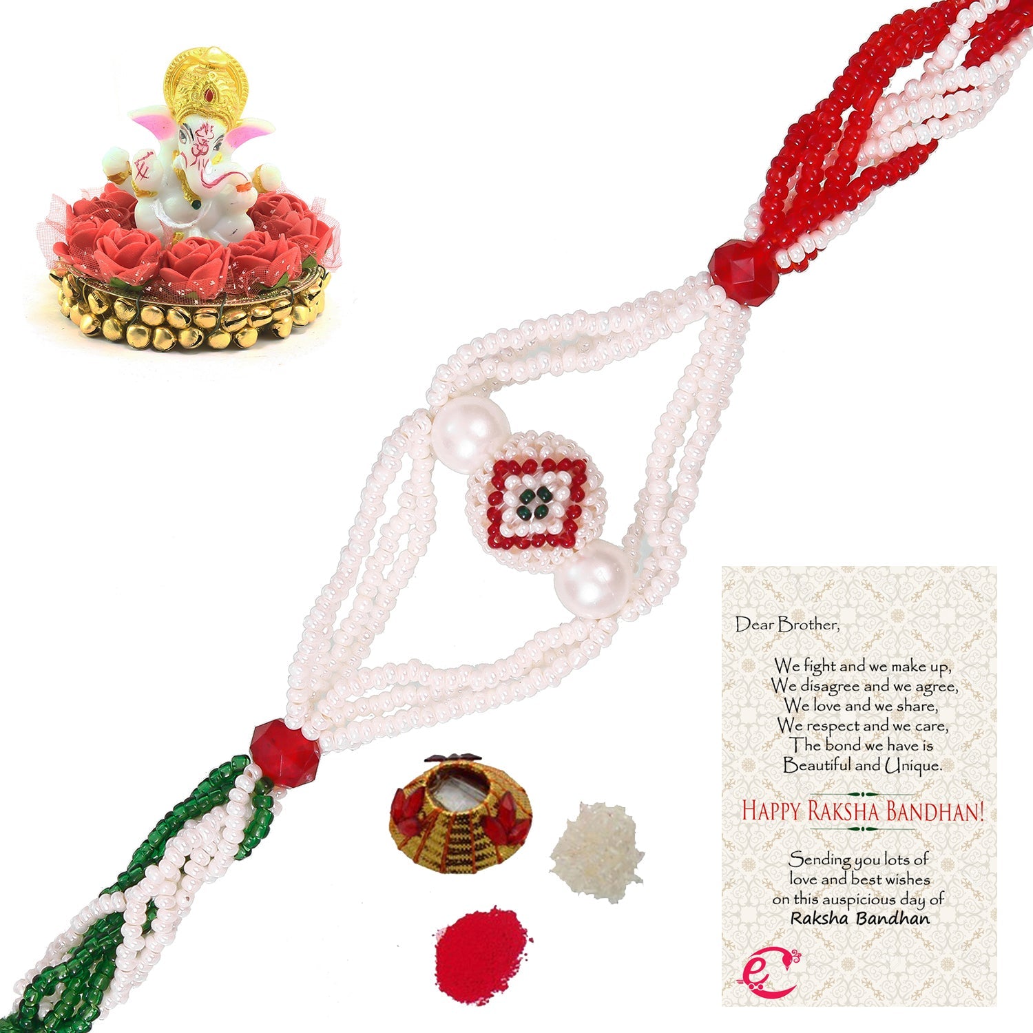 Designer Pearl Rakhi with Lord Ganesha Idol on Decorative Plate for Car & Home and Roli Tikka Matki, Best Wishes Greeting Card Kafalo