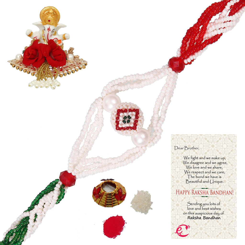 Designer Pearl Rakhi with Lord Ganesha Idol on Decorative Plate for Car & Home and Roli Tikka Matki, Best Wishes Greeting Card Kafalo