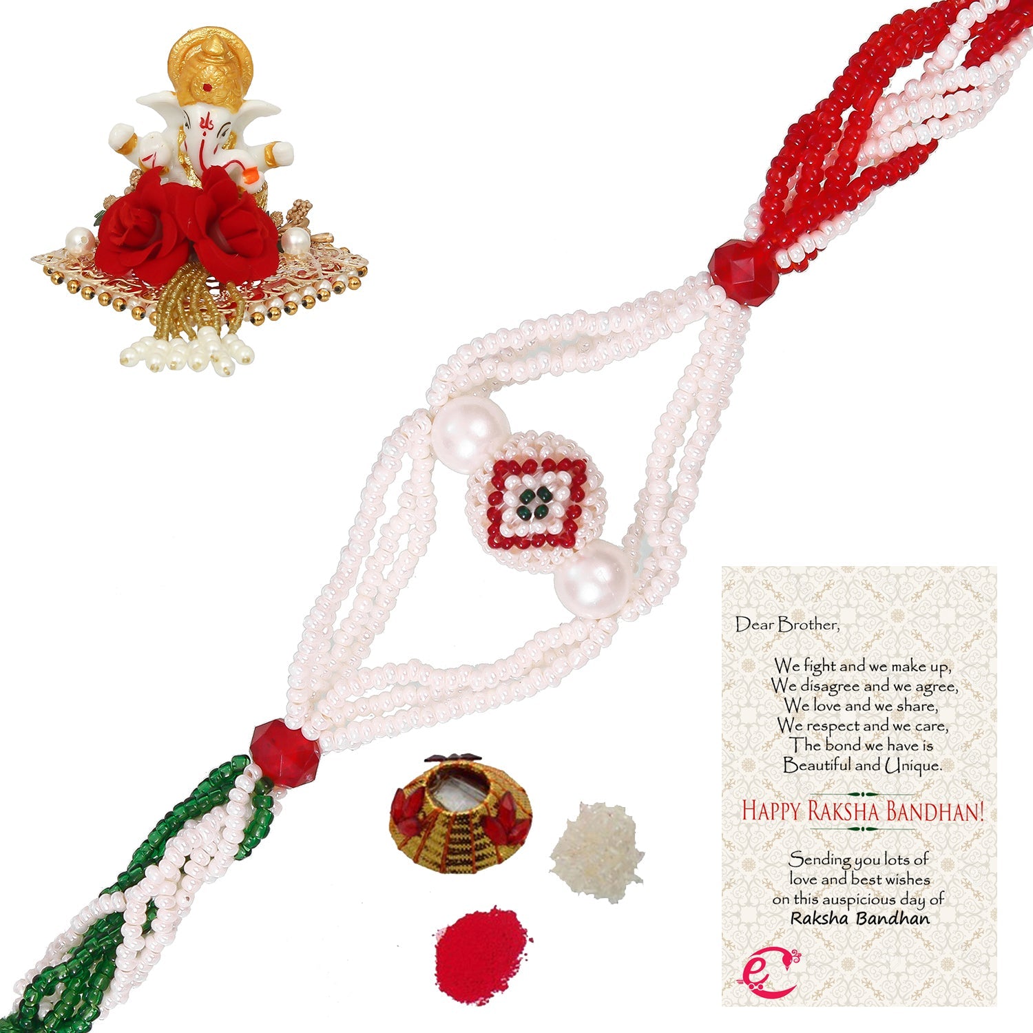 Designer Pearl Rakhi with Lord Ganesha Idol on Decorative Plate for Car & Home and Roli Tikka Matki, Best Wishes Greeting Card Kafalo