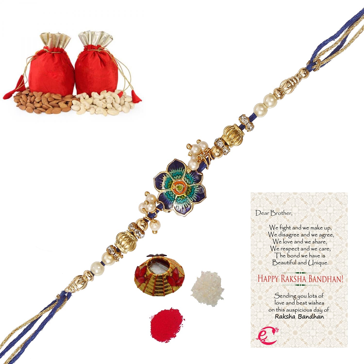 Designer Meenakari Rakhi with Badam and Cashew (200 gm each, total 400 gm) and Roli Tikka Matki, Best Wishes Greeting Card Kafalo