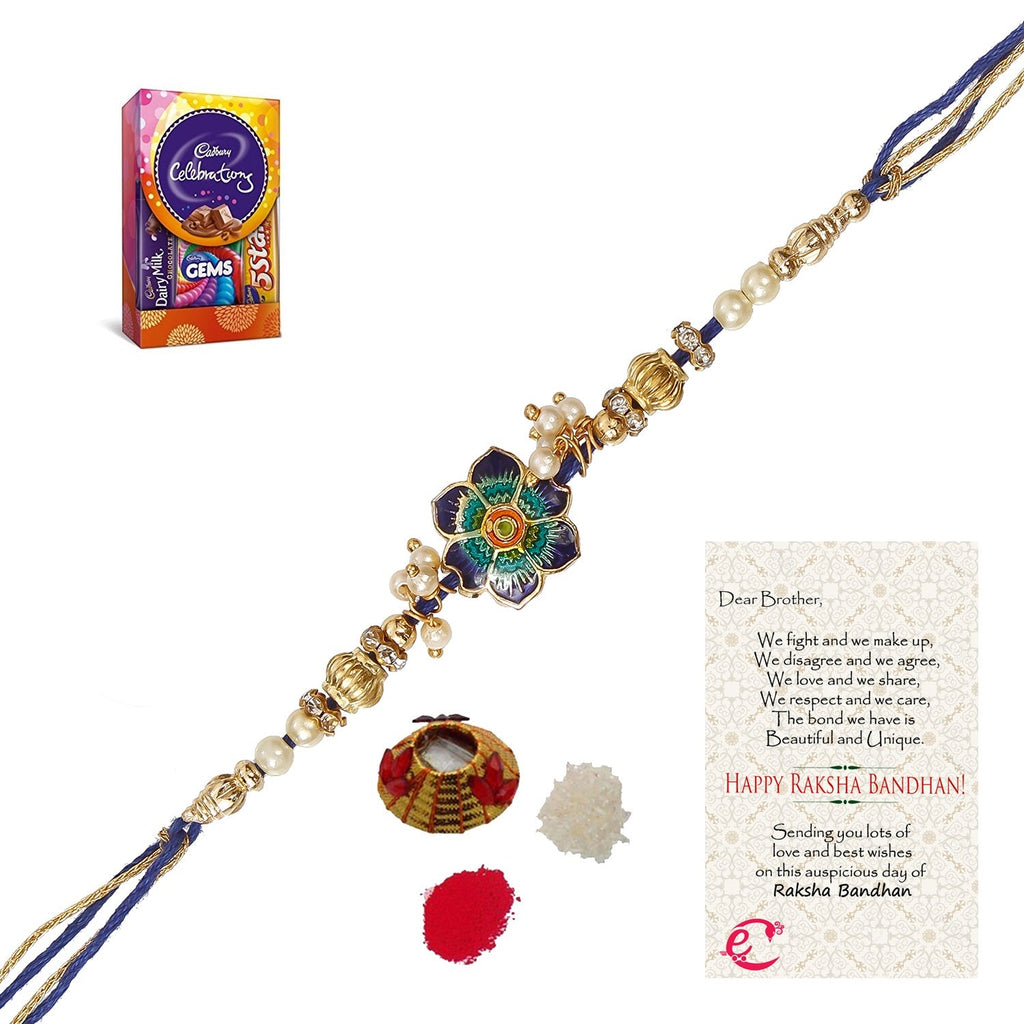 Designer Meenakari Rakhi with Cadbury Celebrations Gift Pack of 5 Assorted Chocolates and Roli Tikka Matki, Best Wishes Greeting Card Kafalo
