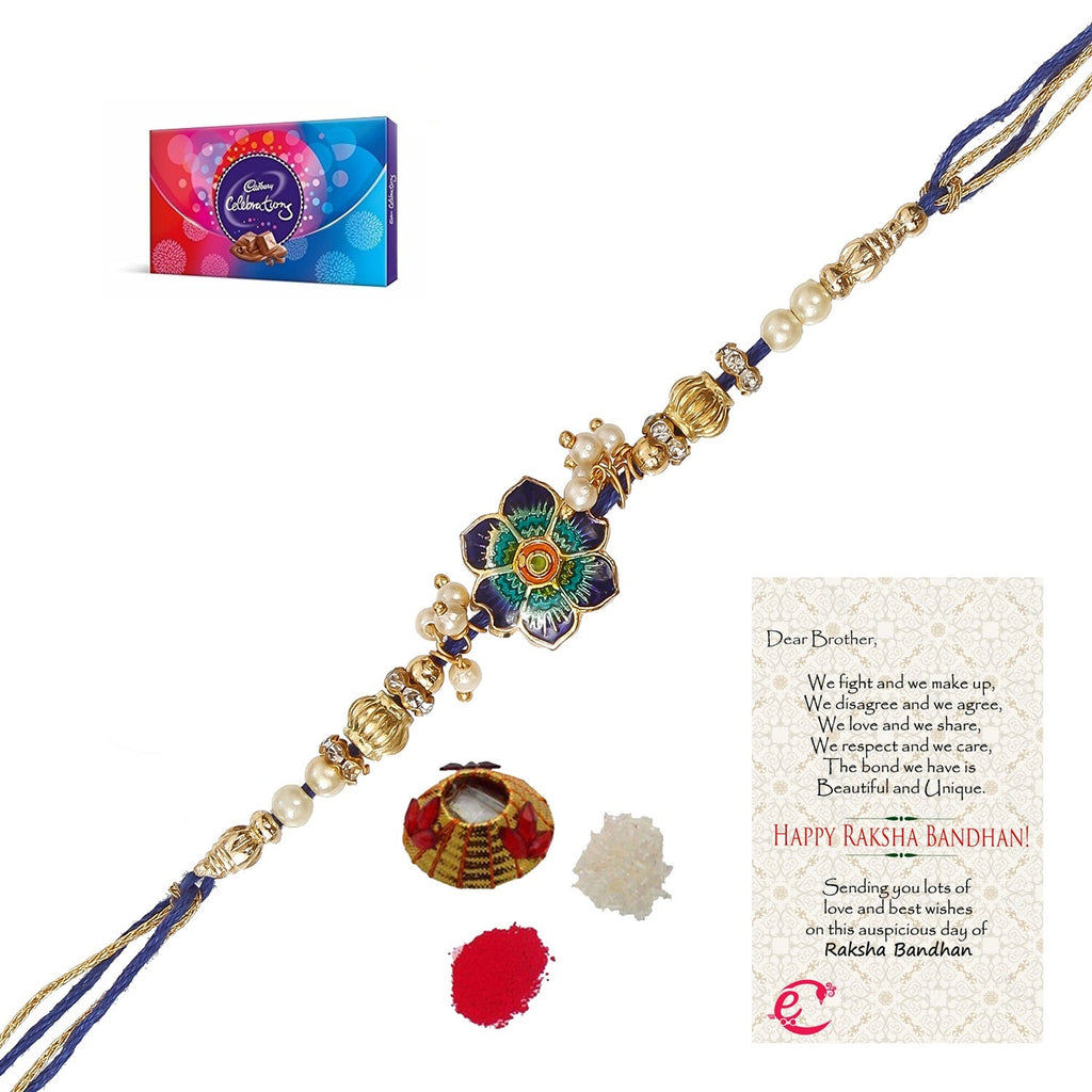 Designer Meenakari Rakhi with Cadbury Celebrations Gift Pack of 7 Assorted Chocolates and Roli Tikka Matki, Best Wishes Greeting Card Kafalo
