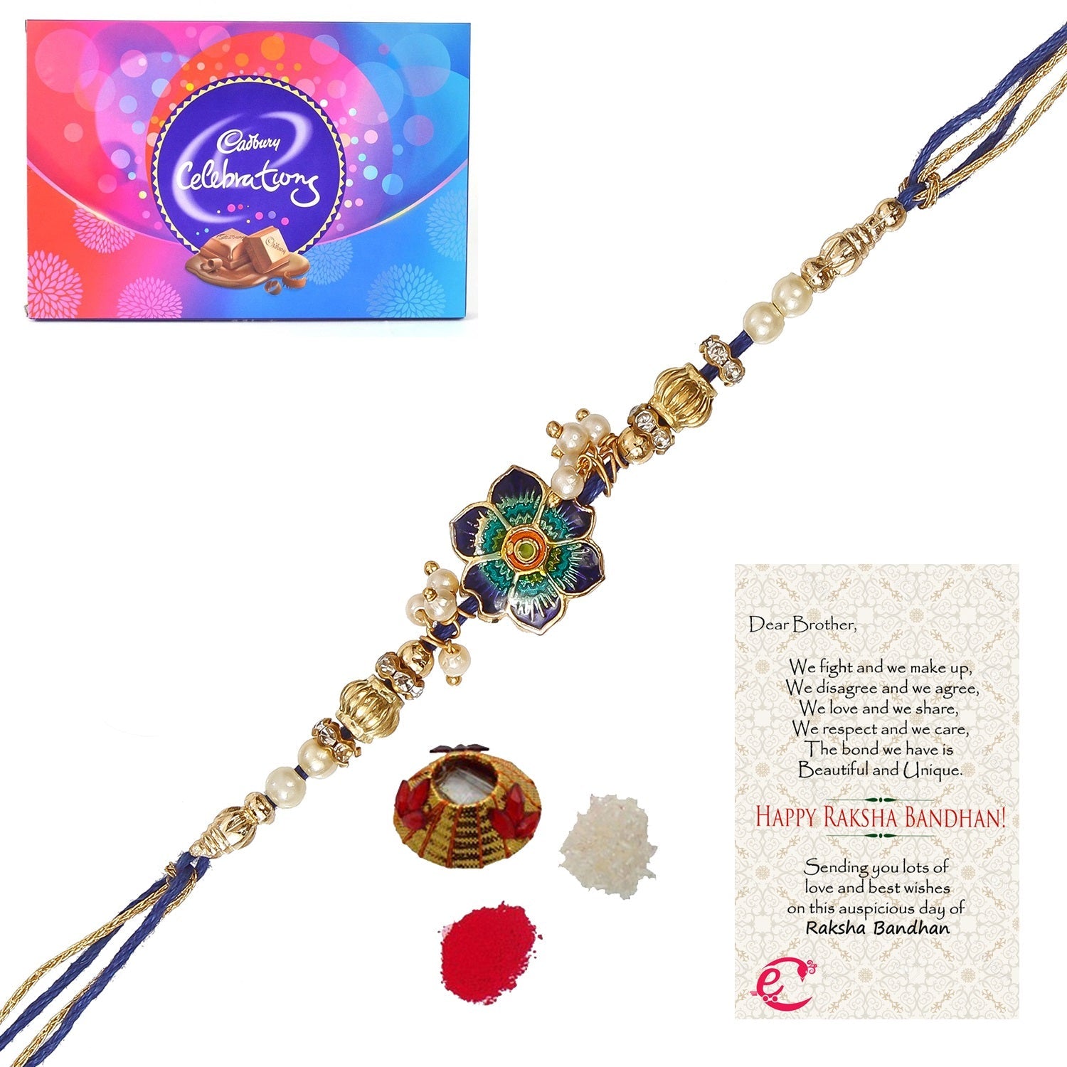 Designer Meenakari Rakhi with Cadbury Celebrations Gift Pack of 11 Assorted Chocolates and Roli Tikka Matki, Best Wishes Greeting Card Kafalo