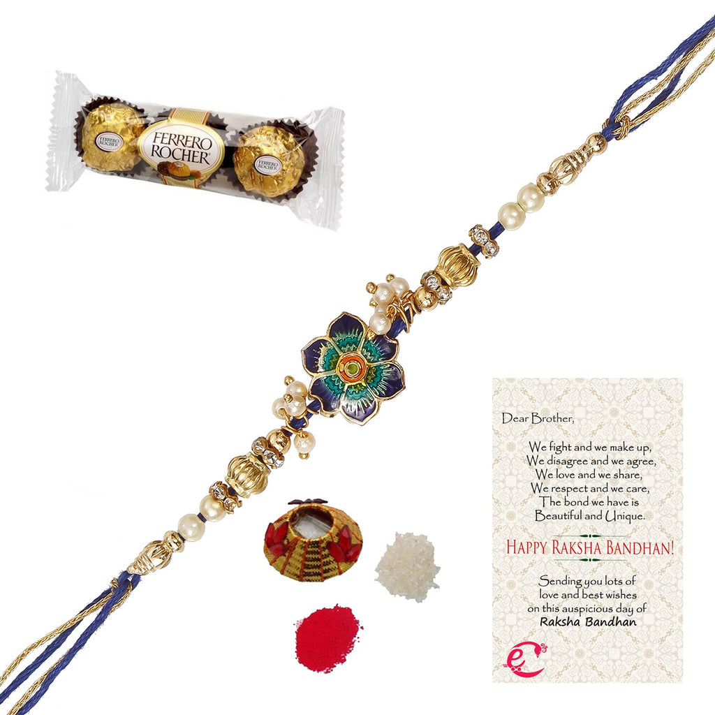 Designer Meenakari Rakhi with Ferrero Rocher (3 pcs) and Roli Tikka Matki, Best Wishes Greeting Card Kafalo