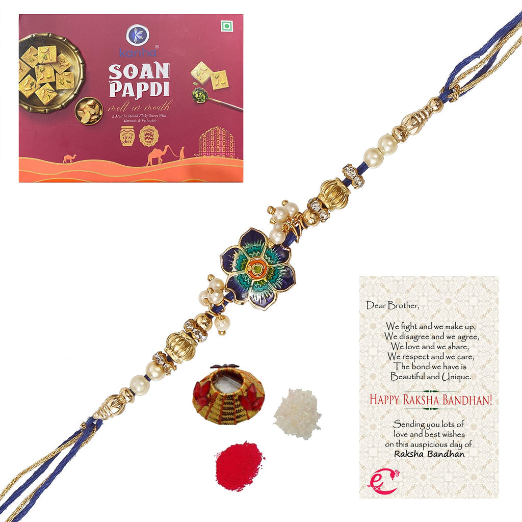Designer Meenakari Rakhi with Soan Papdi (500 Gm) and Roli Tikka Matki, Best Wishes Greeting Card Kafalo