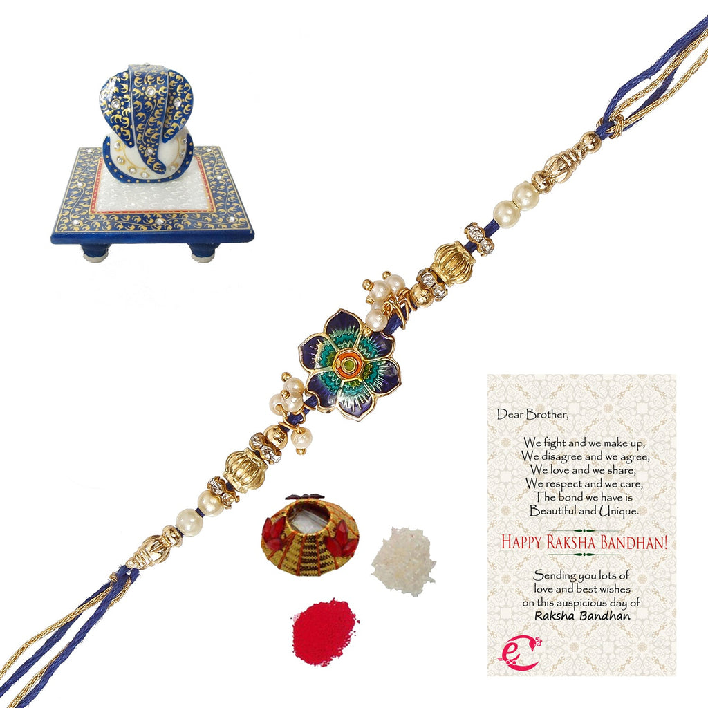 Designer Meenakari Rakhi with Lord Ganesha Marble Chowki and Roli Tikka Matki, Best Wishes Greeting Card Kafalo