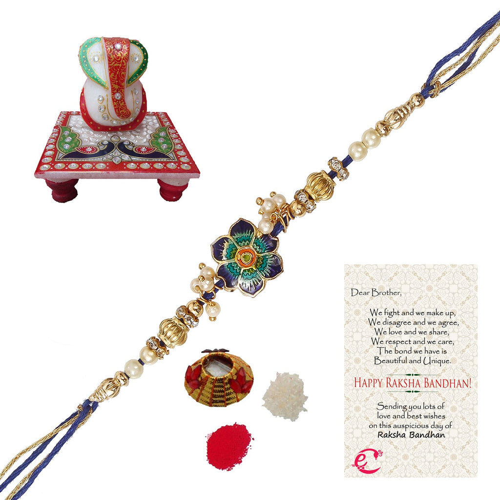 Designer Meenakari Rakhi with Lord Ganesha Marble Chowki and Roli Tikka Matki, Best Wishes Greeting Card Kafalo
