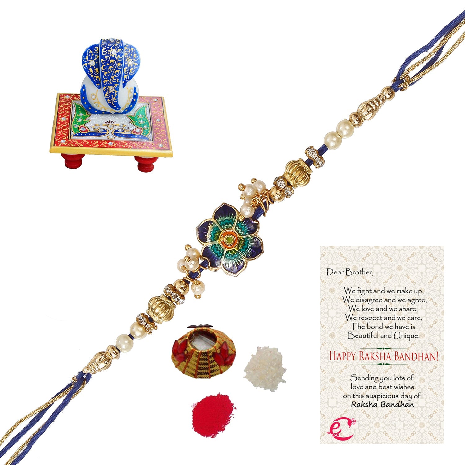 Designer Meenakari Rakhi with Lord Ganesha on Marble Chowki and Roli Tikka Matki, Best Wishes Greeting Card Kafalo