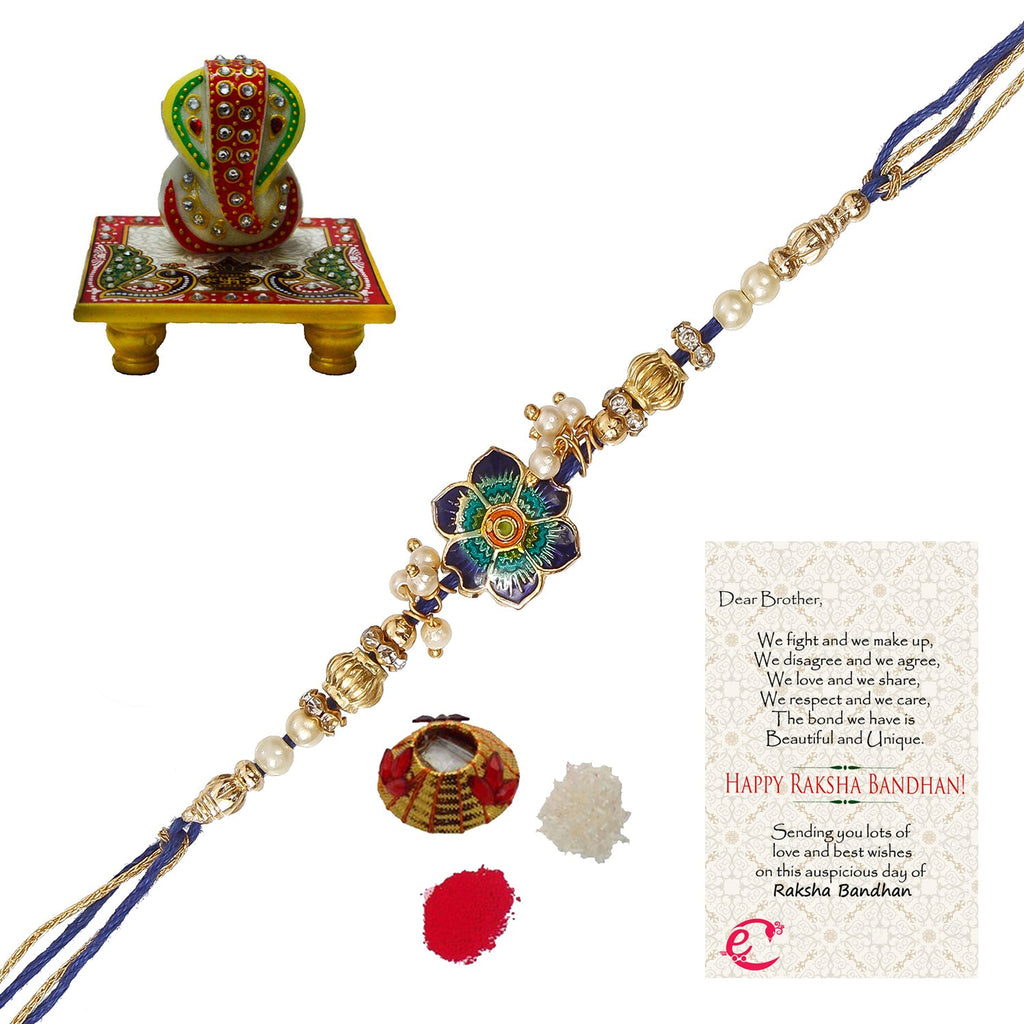 Designer Meenakari Rakhi with Lord Ganesha on Marble Chowki and Roli Tikka Matki, Best Wishes Greeting Card Kafalo
