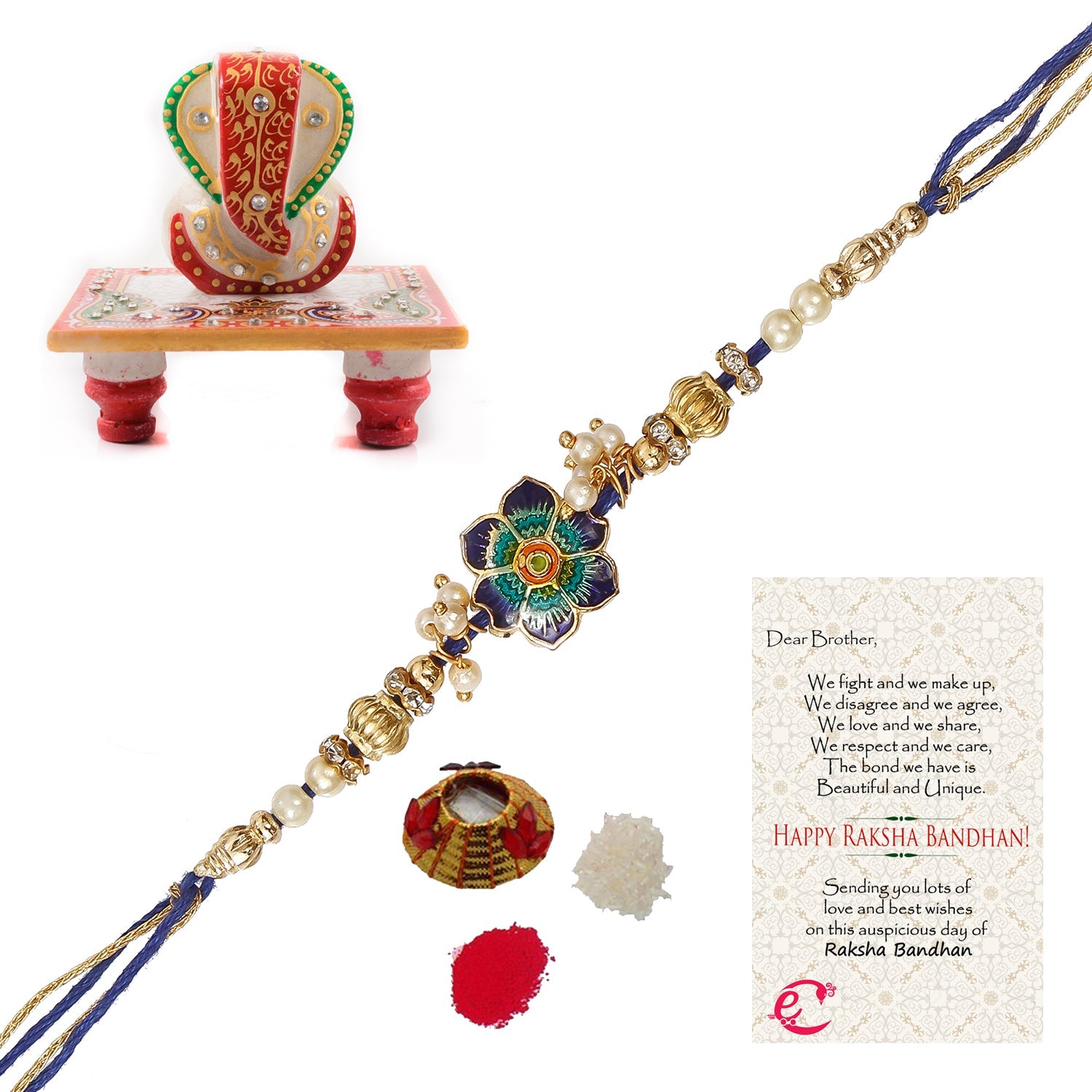 Designer Meenakari Rakhi with Lord Ganesha Marble Chowki and Roli Tikka Matki, Best Wishes Greeting Card Kafalo