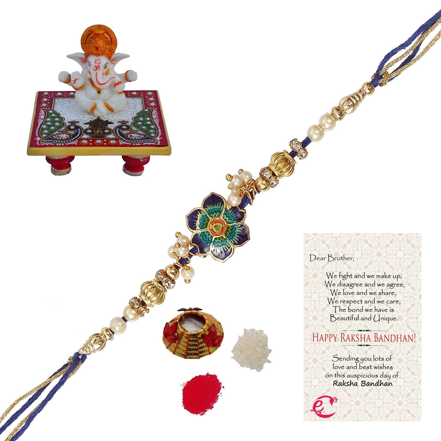 Designer Meenakari Rakhi with Lord Ganesha Marble Chowki and Roli Tikka Matki, Best Wishes Greeting Card Kafalo
