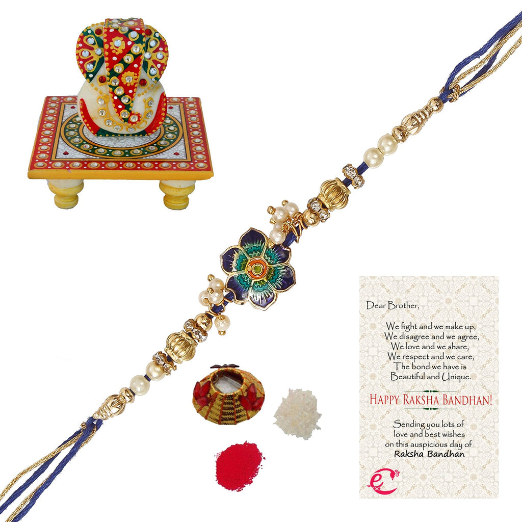 Designer Meenakari Rakhi with Lord Ganesha on Kundan Studded Marble Chowki and Roli Tikka Matki, Best Wishes Greeting Card Kafalo