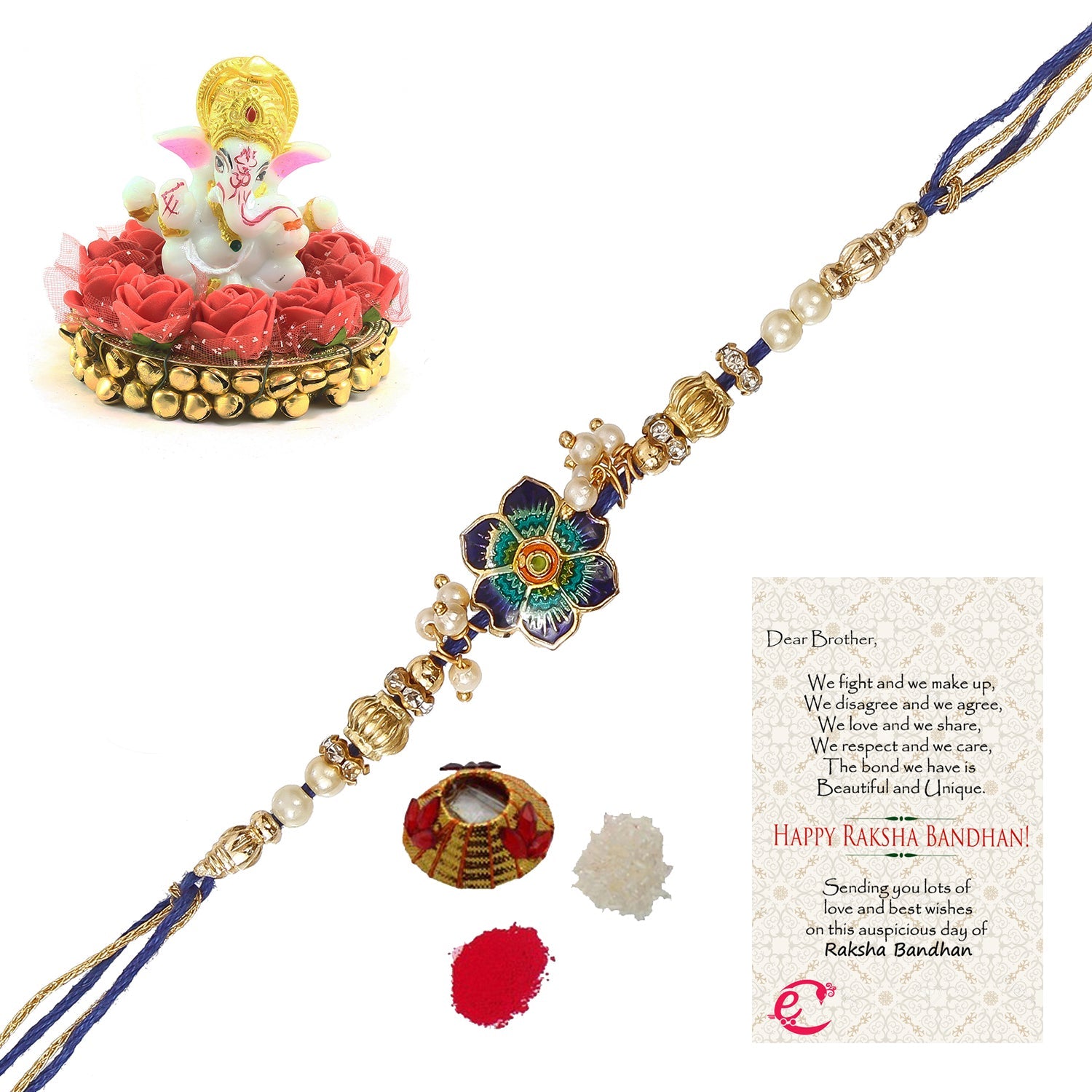 Designer Meenakari Rakhi with Lord Ganesha Idol on Decorative Plate for Car & Home and Roli Tikka Matki, Best Wishes Greeting Card Kafalo