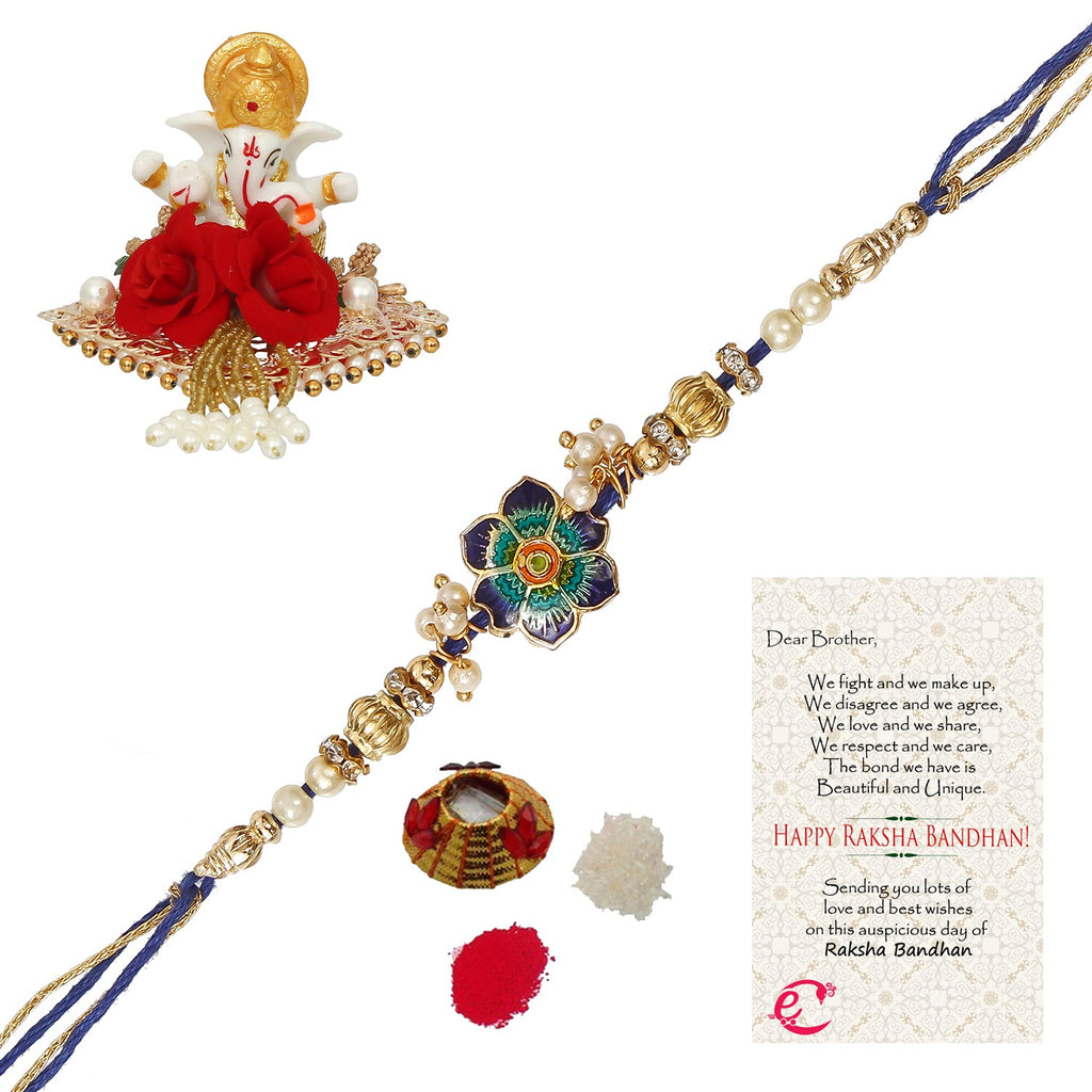 Designer Meenakari Rakhi with Lord Ganesha Idol on Decorative Plate for Car & Home and Roli Tikka Matki, Best Wishes Greeting Card Kafalo
