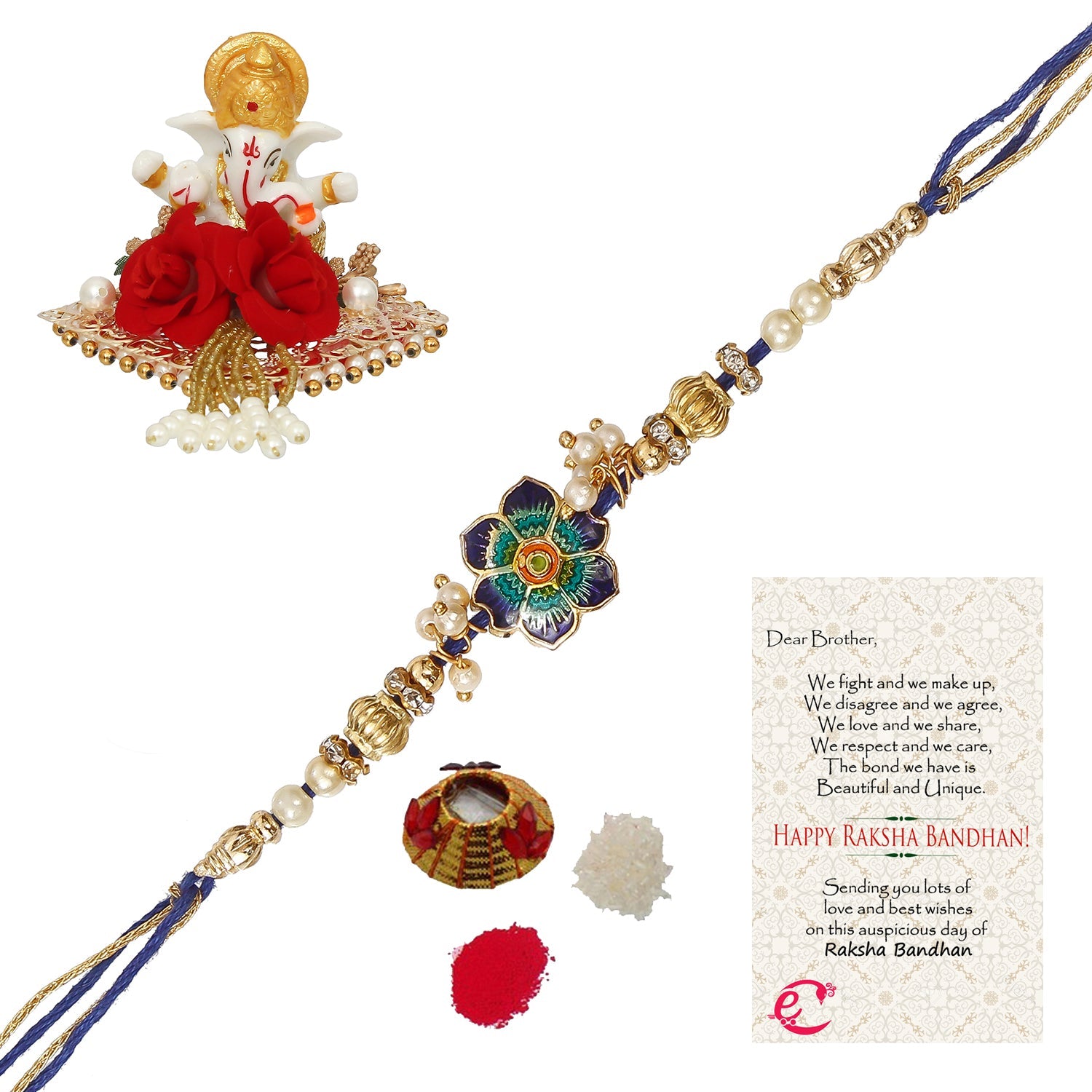 Designer Meenakari Rakhi with Lord Ganesha Idol on Decorative Plate for Car & Home and Roli Tikka Matki, Best Wishes Greeting Card Kafalo