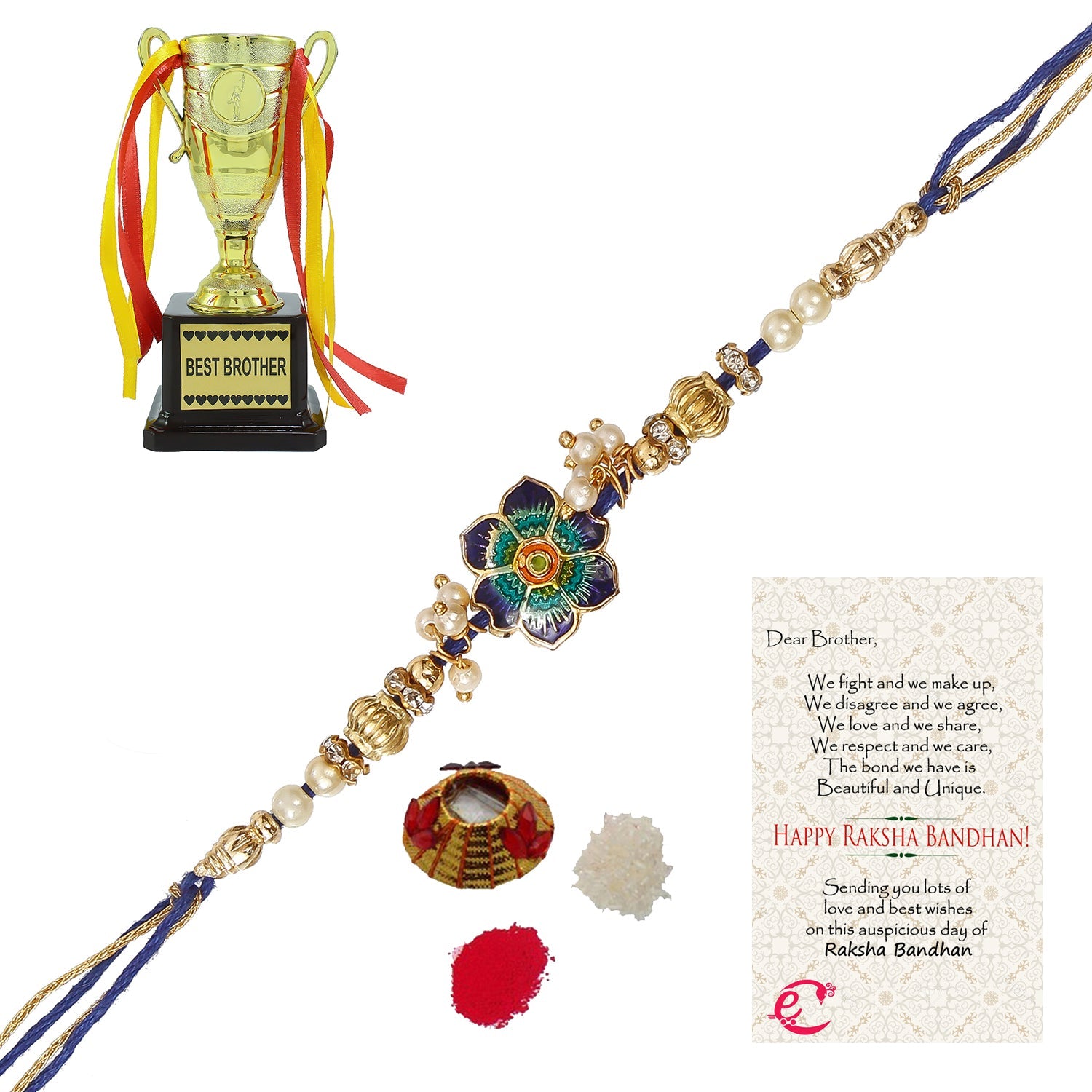 Designer Meenakari Rakhi with Best Brother Trophy and Roli Tikka Matki, Best Wishes Greeting Card Kafalo