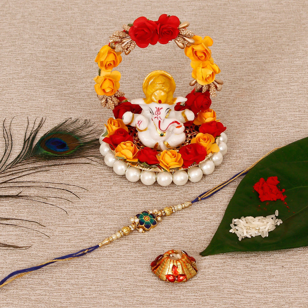 Designer Meenakari Rakhi with Lord Ganesha Idol on Decorative Plate for Car & Home and Roli Tikka Matki Kafalo