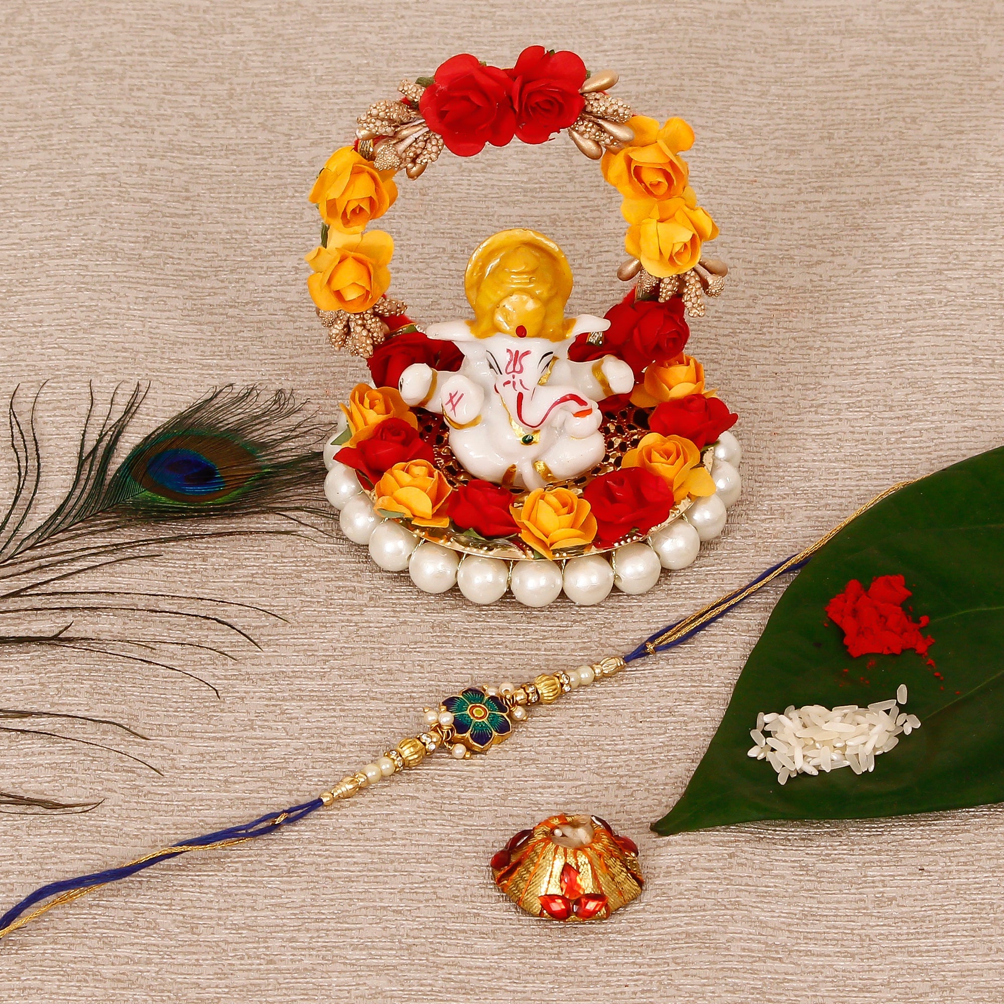 Designer Meenakari Rakhi with Lord Ganesha Idol on Decorative Plate for Car & Home and Roli Tikka Matki Kafalo