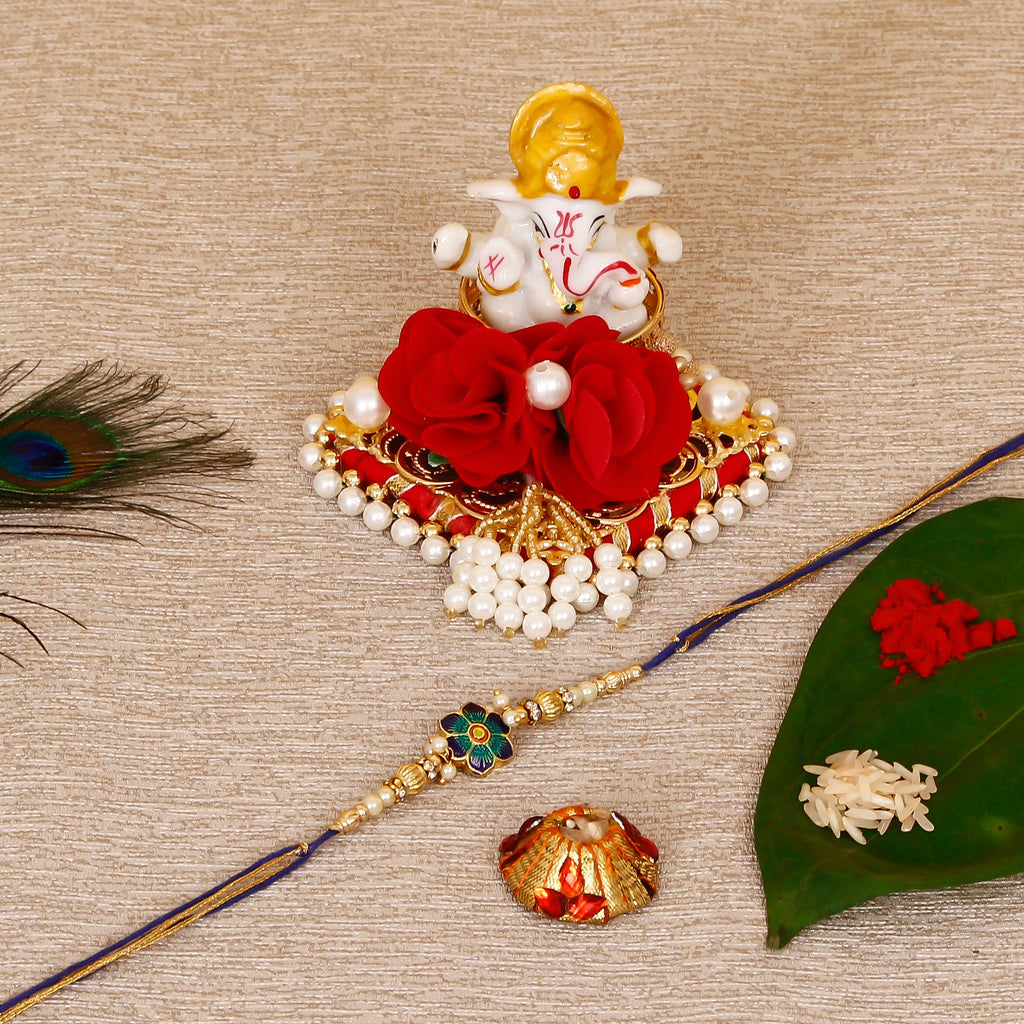 Designer Meenakari Rakhi with Lord Ganesha Idol on Decorative Plate for Car & Home and Roli Tikka Matki Kafalo