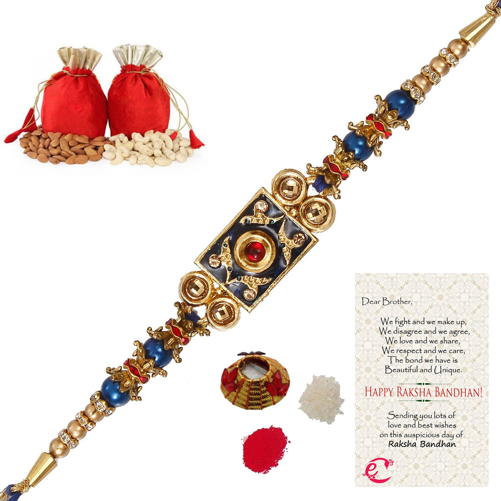 Designer Meenakari Rakhi with Badam and Cashew (200 gm each, total 400 gm) and Roli Tikka Matki, Best Wishes Greeting Card Kafalo