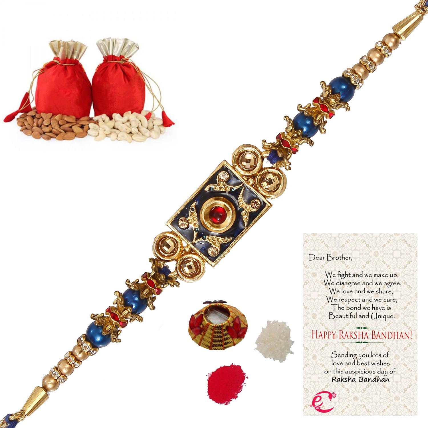 Designer Meenakari Rakhi with Badam and Cashew (200 gm each, total 400 gm) and Roli Tikka Matki, Best Wishes Greeting Card Kafalo