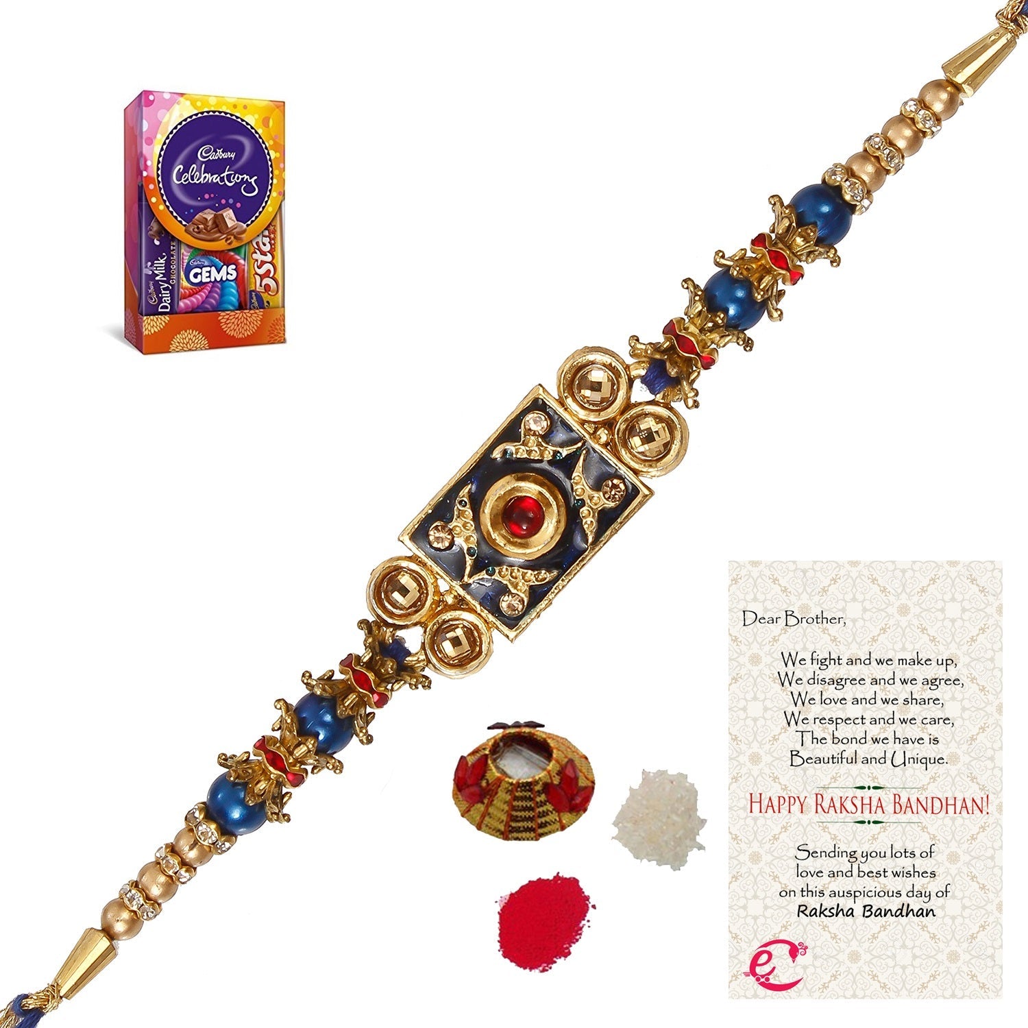Designer Meenakari Rakhi with Cadbury Celebrations Gift Pack of 5 Assorted Chocolates and Roli Tikka Matki, Best Wishes Greeting Card Kafalo