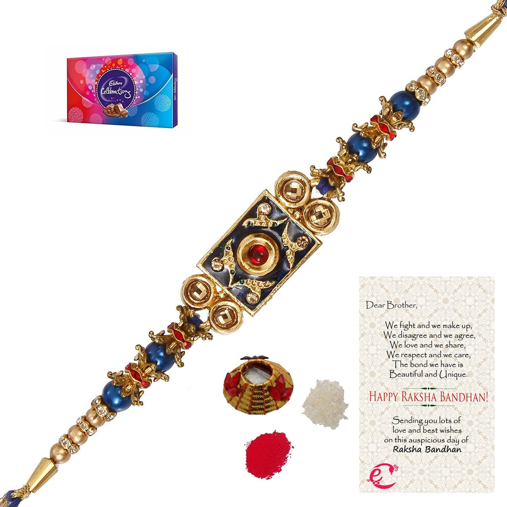 Designer Meenakari Rakhi with Cadbury Celebrations Gift Pack of 7 Assorted Chocolates and Roli Tikka Matki, Best Wishes Greeting Card Kafalo