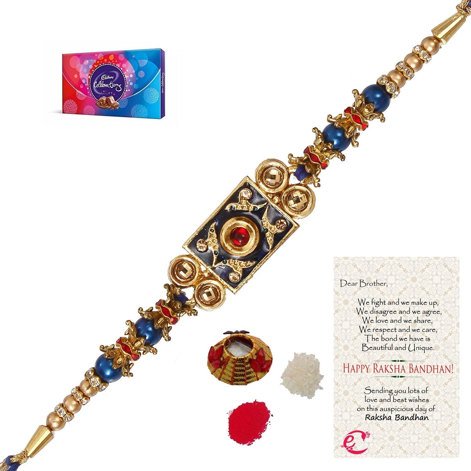 Designer Meenakari Rakhi with Cadbury Celebrations Gift Pack of 7 Assorted Chocolates and Roli Tikka Matki, Best Wishes Greeting Card Kafalo