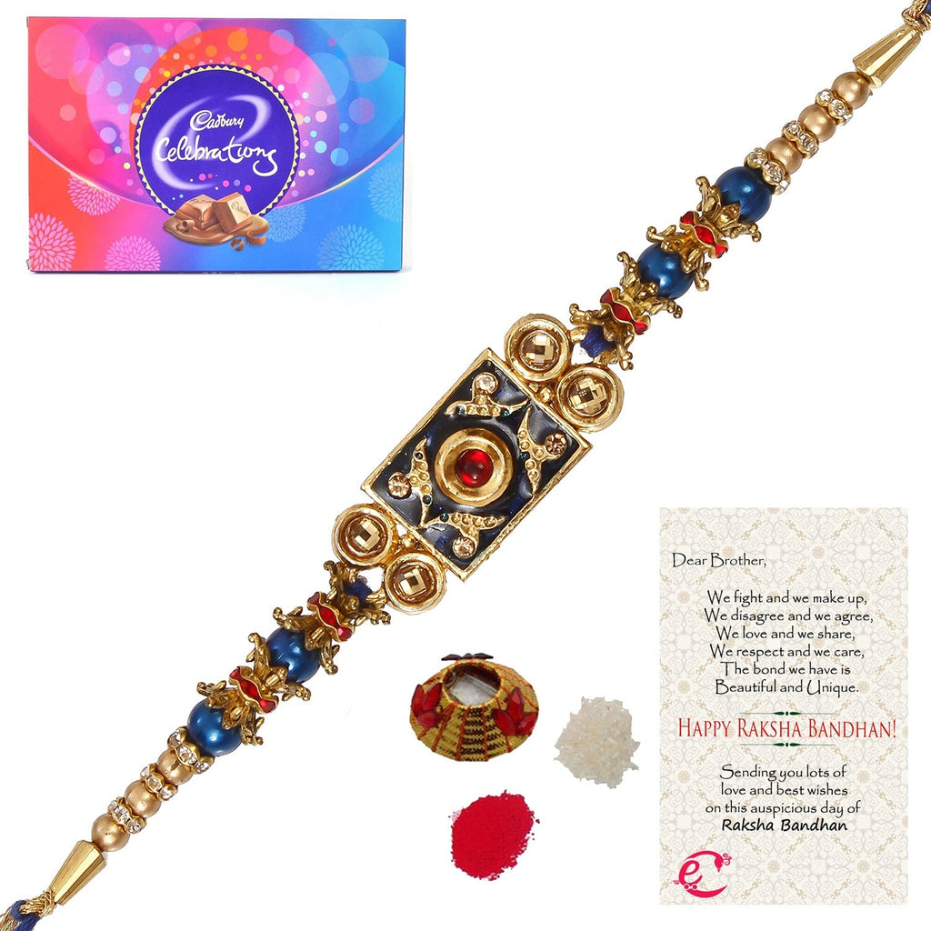 Designer Meenakari Rakhi with Cadbury Celebrations Gift Pack of 11 Assorted Chocolates and Roli Tikka Matki, Best Wishes Greeting Card Kafalo