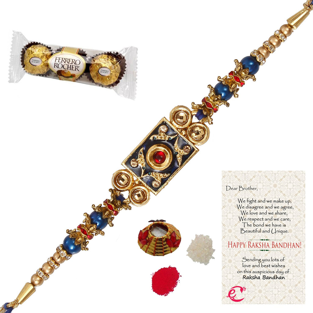 Designer Meenakari Rakhi with Ferrero Rocher (3 pcs) and Roli Tikka Matki, Best Wishes Greeting Card Kafalo