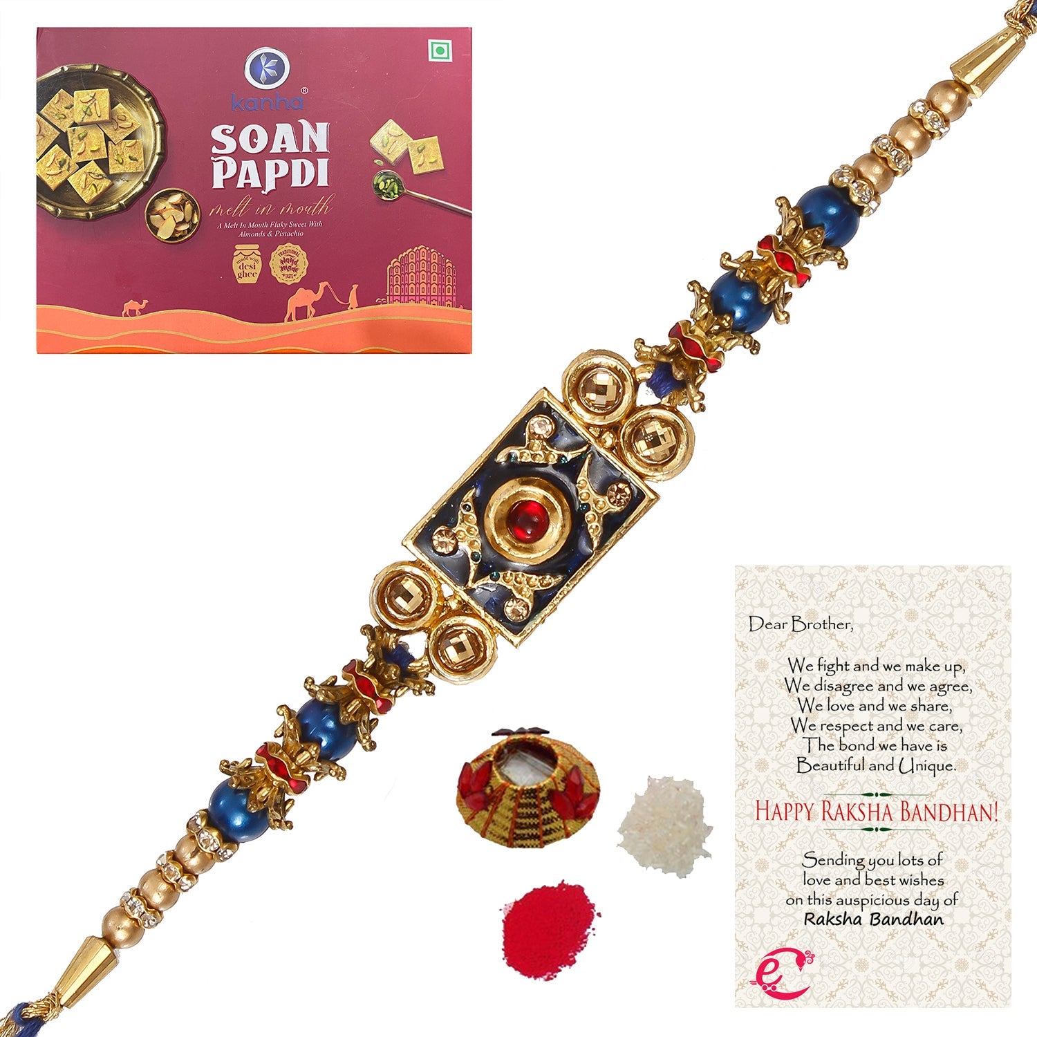 Designer Meenakari Rakhi with Soan Papdi (500 Gm) and Roli Tikka Matki, Best Wishes Greeting Card Kafalo