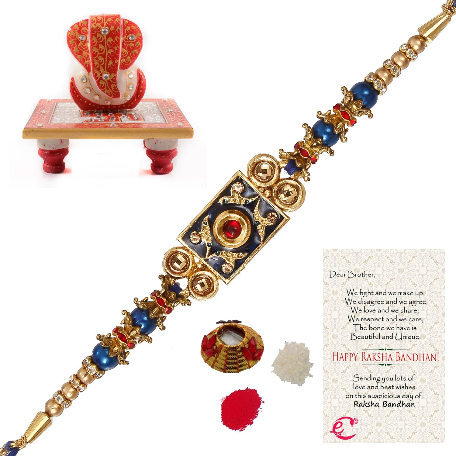 Designer Meenakari Rakhi with Ridhi Sidhi Marble chowki and Roli Tikka Matki, Best Wishes Greeting Card Kafalo