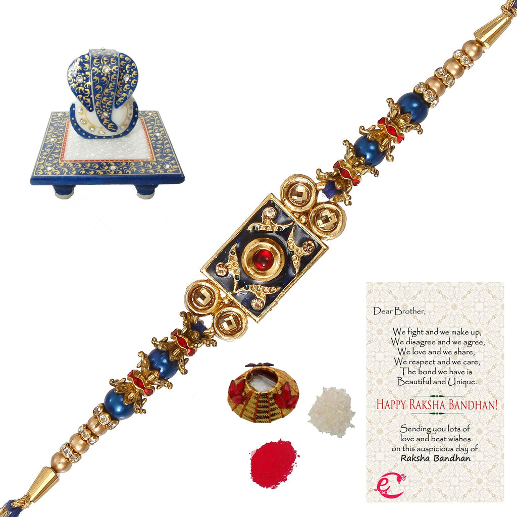 Designer Meenakari Rakhi with Lord Ganesha Marble Chowki and Roli Tikka Matki, Best Wishes Greeting Card Kafalo