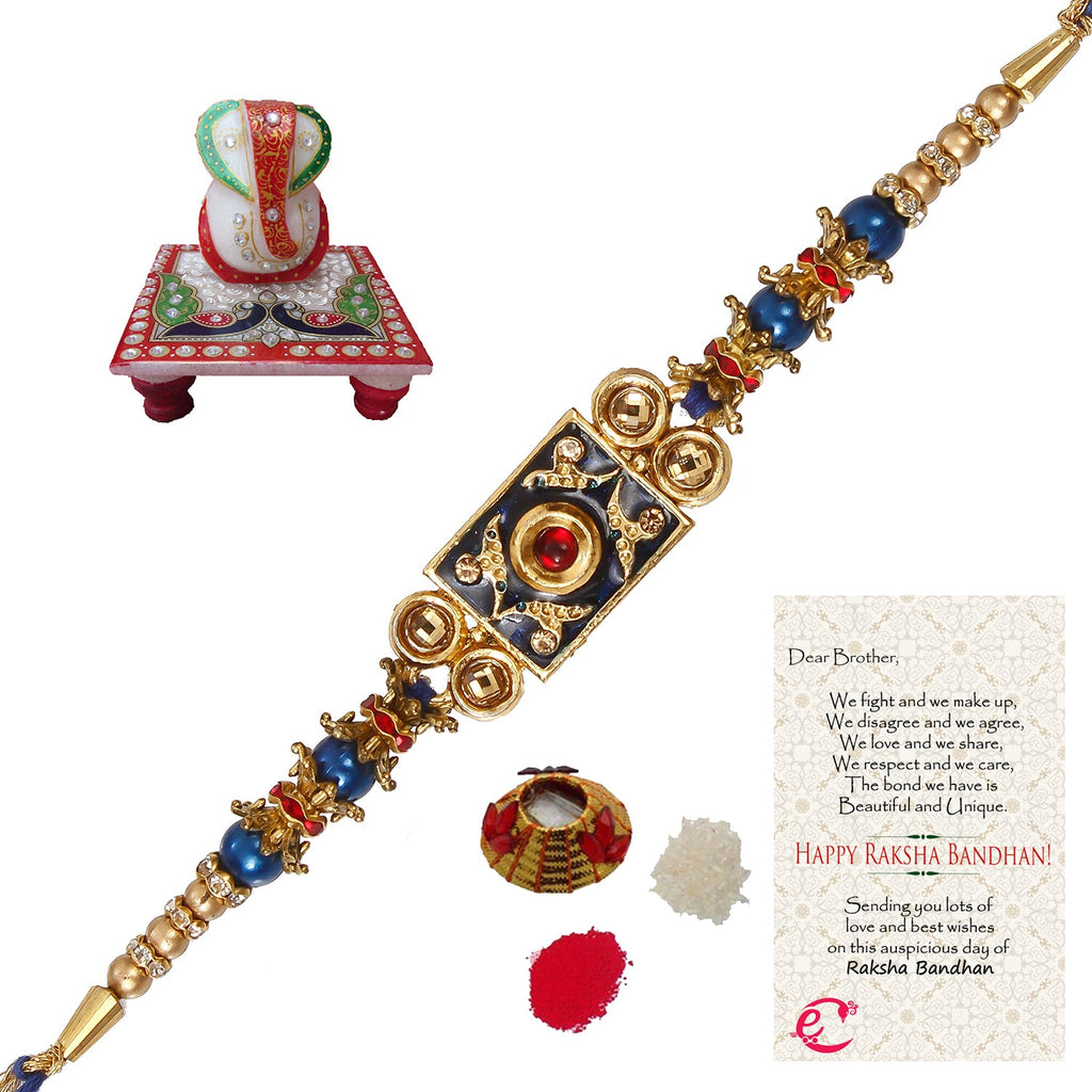 Designer Meenakari Rakhi with Lord Ganesha Marble Chowki and Roli Tikka Matki, Best Wishes Greeting Card Kafalo