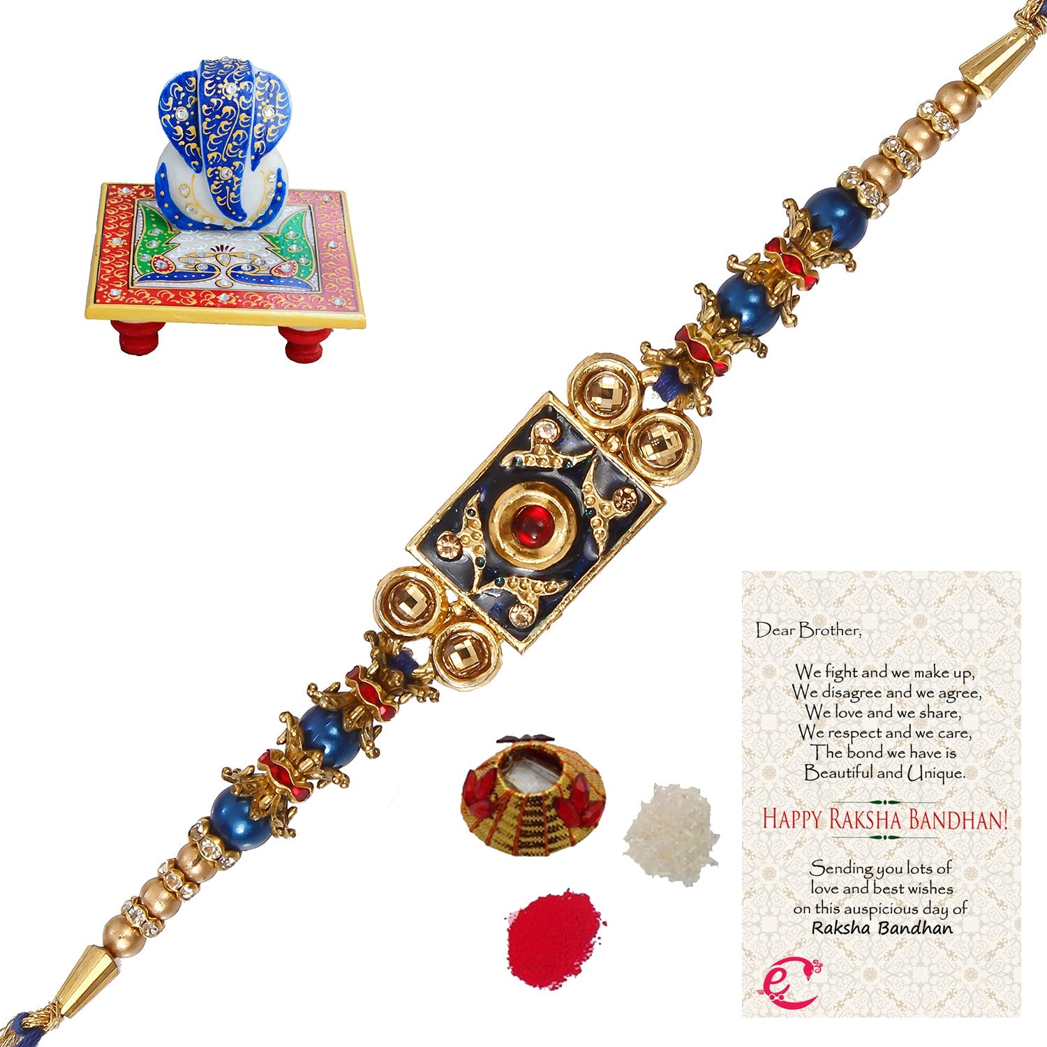 Designer Meenakari Rakhi with Lord Ganesha on Marble Chowki and Roli Tikka Matki, Best Wishes Greeting Card Kafalo