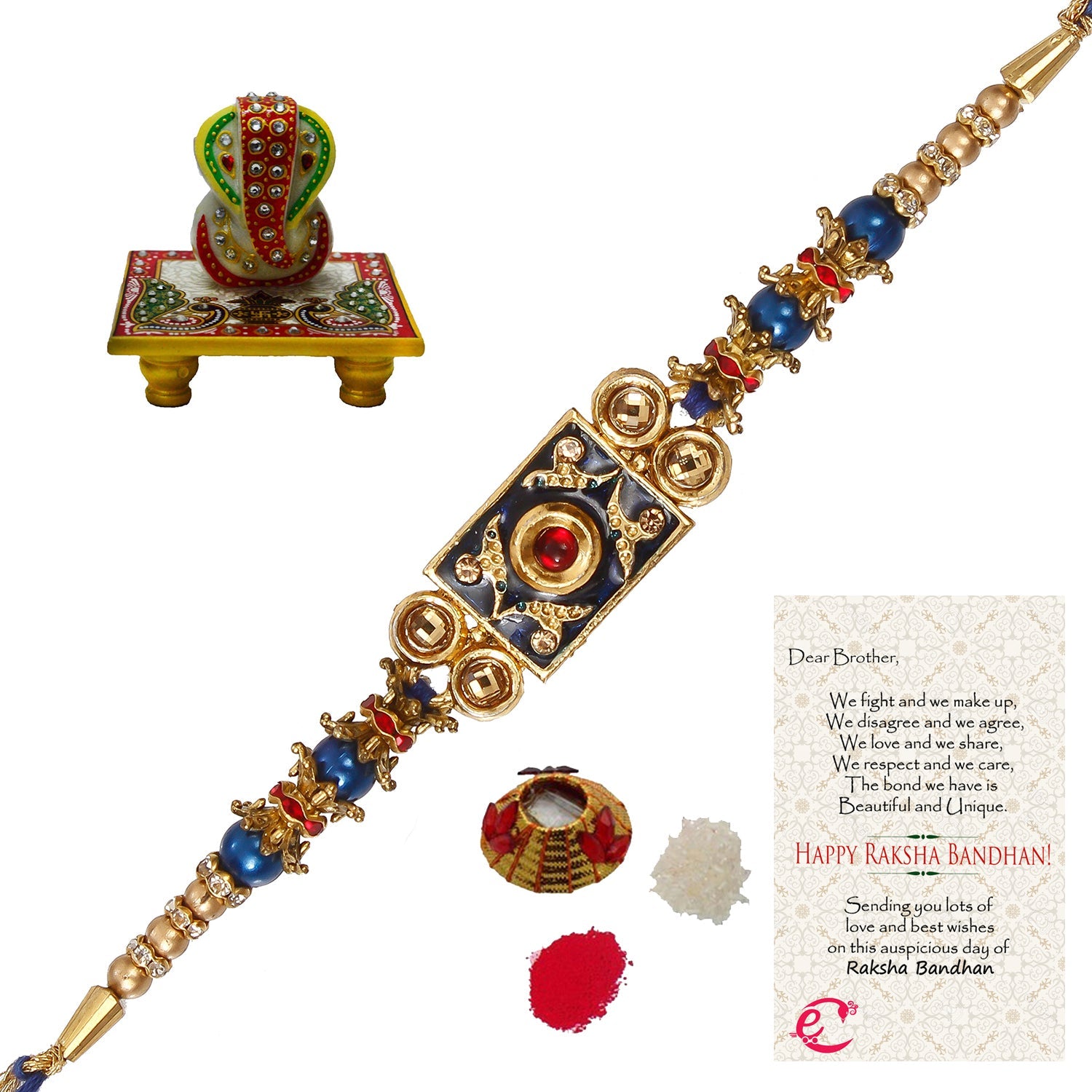 Designer Meenakari Rakhi with Lord Ganesha on Marble Chowki and Roli Tikka Matki, Best Wishes Greeting Card Kafalo