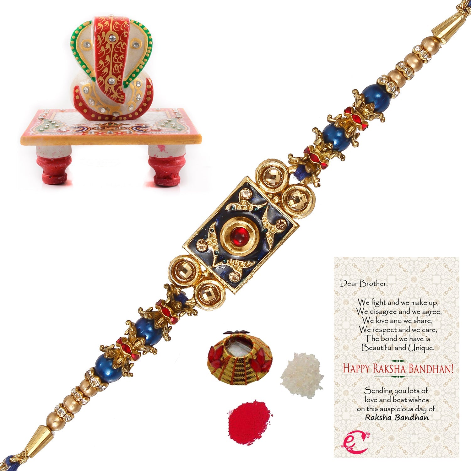 Designer Meenakari Rakhi with Lord Ganesha Marble Chowki and Roli Tikka Matki, Best Wishes Greeting Card Kafalo