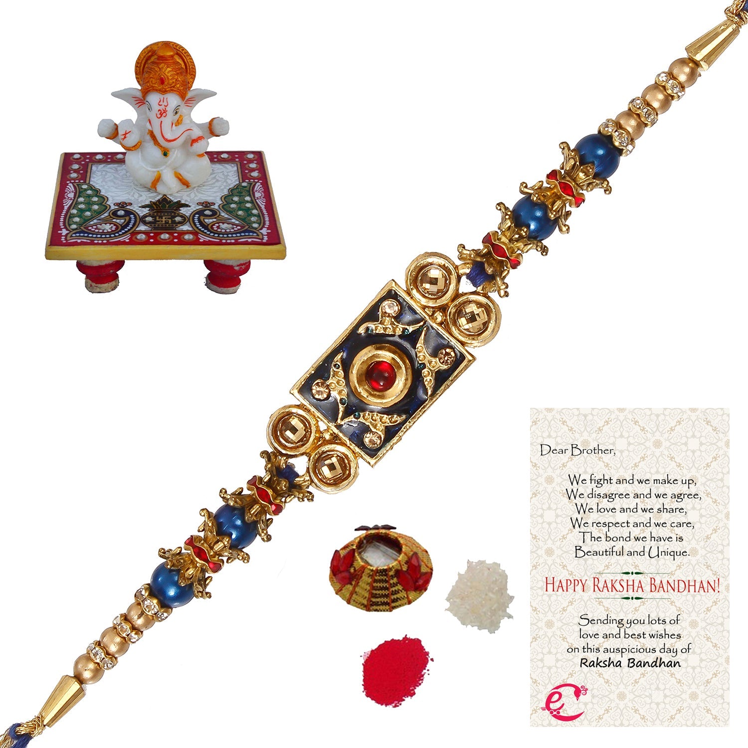 Designer Meenakari Rakhi with Lord Ganesha Marble Chowki and Roli Tikka Matki, Best Wishes Greeting Card Kafalo