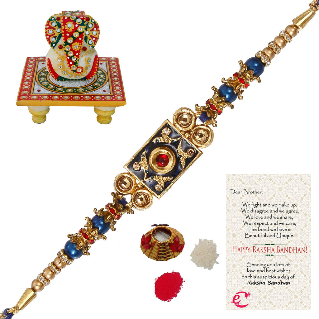 Designer Meenakari Rakhi with Lord Ganesha on Kundan Studded Marble Chowki and Roli Tikka Matki, Best Wishes Greeting Card Kafalo