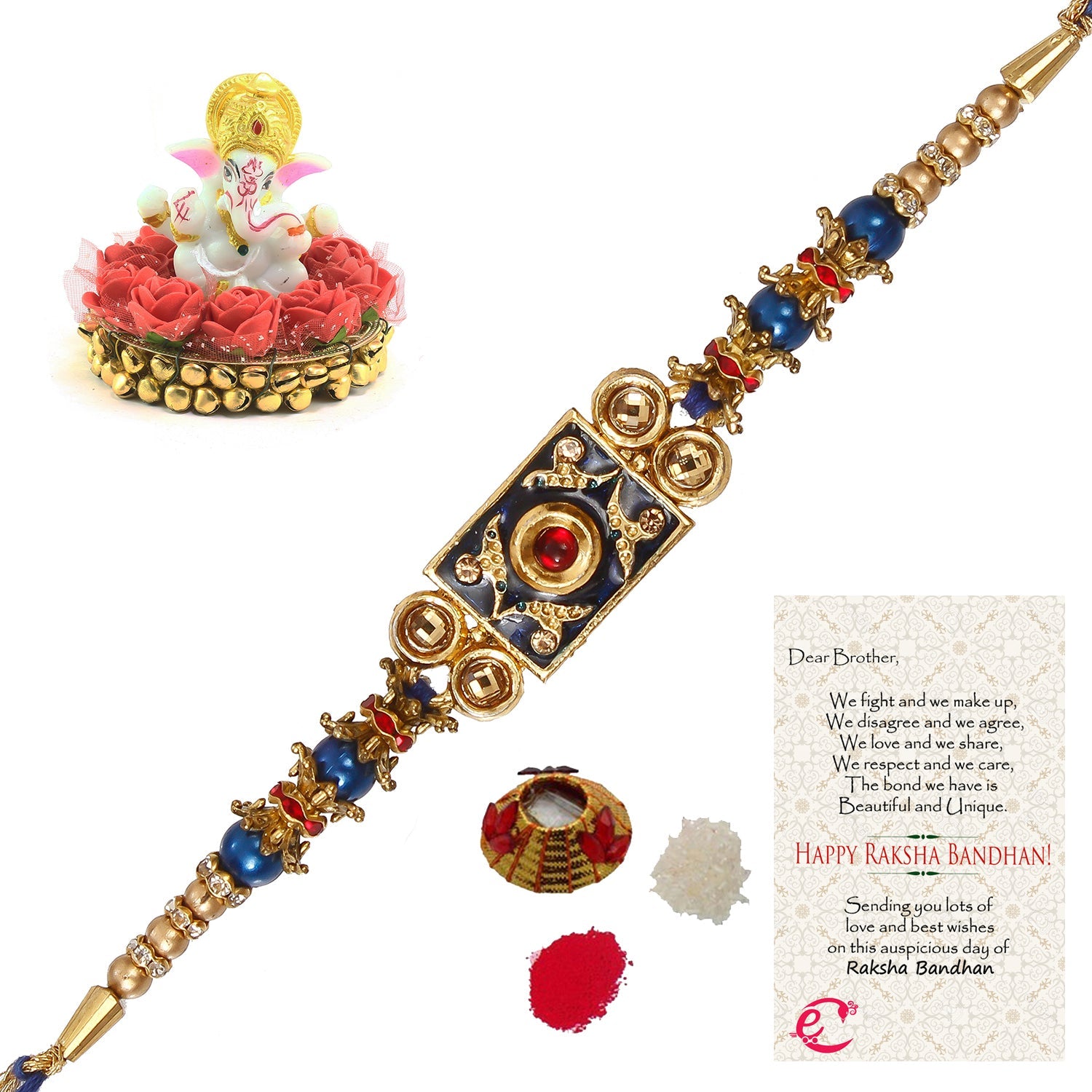 Designer Meenakari Rakhi with Lord Ganesha Idol on Decorative Plate for Car & Home and Roli Tikka Matki, Best Wishes Greeting Card Kafalo