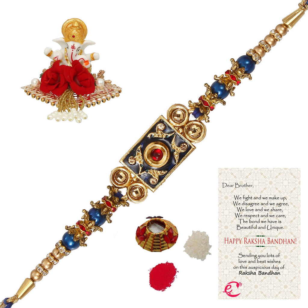Designer Meenakari Rakhi with Lord Ganesha Idol on Decorative Plate for Car & Home and Roli Tikka Matki, Best Wishes Greeting Card Kafalo