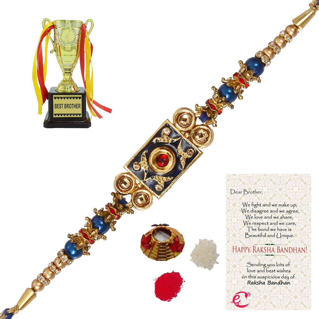 Designer Meenakari Rakhi with Best Brother Trophy and Roli Tikka Matki, Best Wishes Greeting Card Kafalo