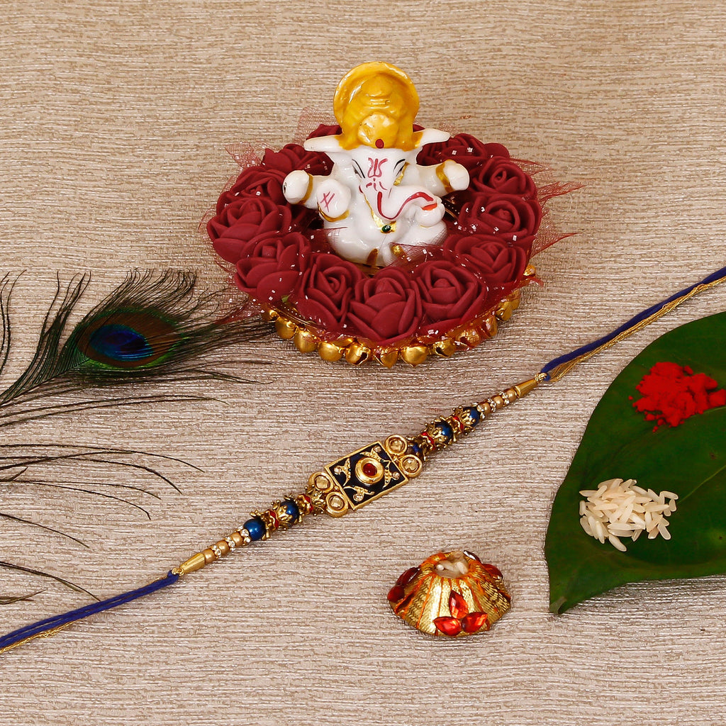 Designer Meenakari Rakhi with Lord Ganesha Idol on Decorative Plate for Car & Home and Roli Tikka Matki Kafalo