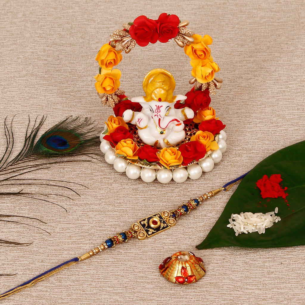 Designer Meenakari Rakhi with Lord Ganesha Idol on Decorative Plate for Car & Home and Roli Tikka Matki Kafalo