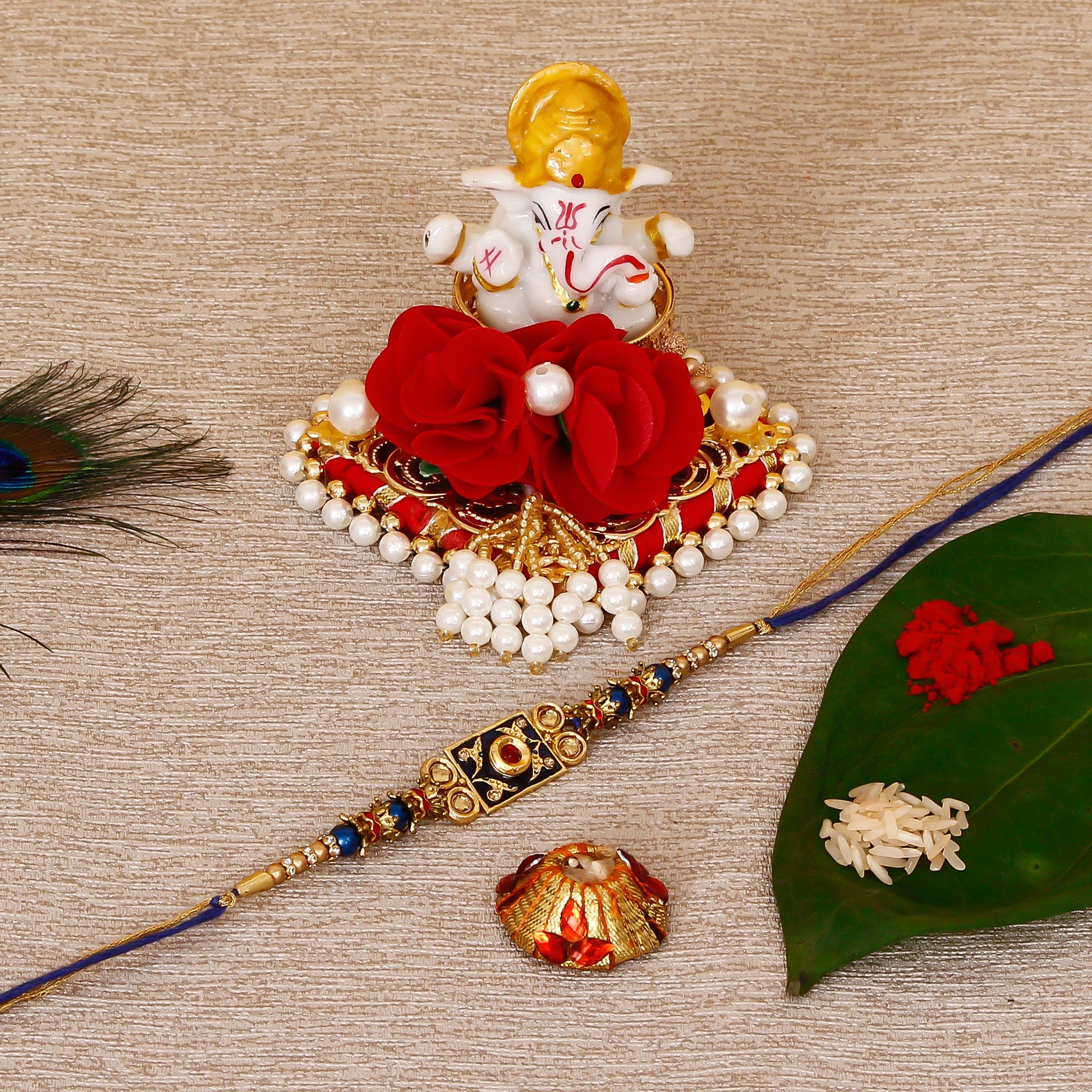 Designer Meenakari Rakhi with Lord Ganesha Idol on Decorative Plate for Car & Home and Roli Tikka Matki Kafalo