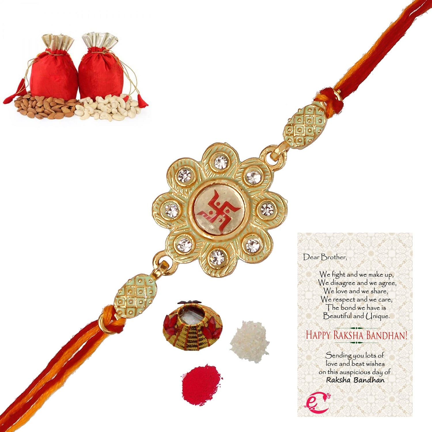 Designer Religious Swastik Rakhi with Badam and Cashew (200 gm each, total 400 gm) and Roli Tikka Matki, Best Wishes Greeting Card Kafalo